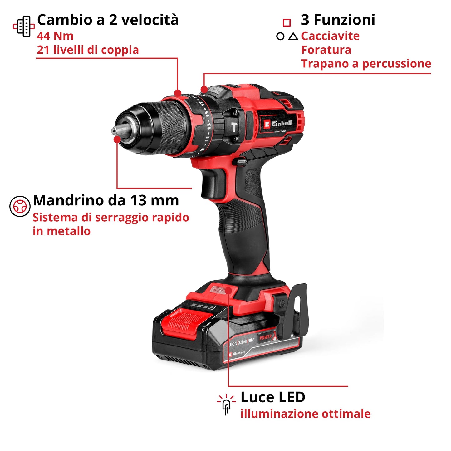 Einhell Trapano a percussione a batteria TE-CD 18/44 Li-i (1x2,5Ah) Power X-Change (18 V, 44 Nm, funzione percussione, mandrino in metallo 13 mm, 2 velocità, batteria da 2,5 Ah e caricabatterie)