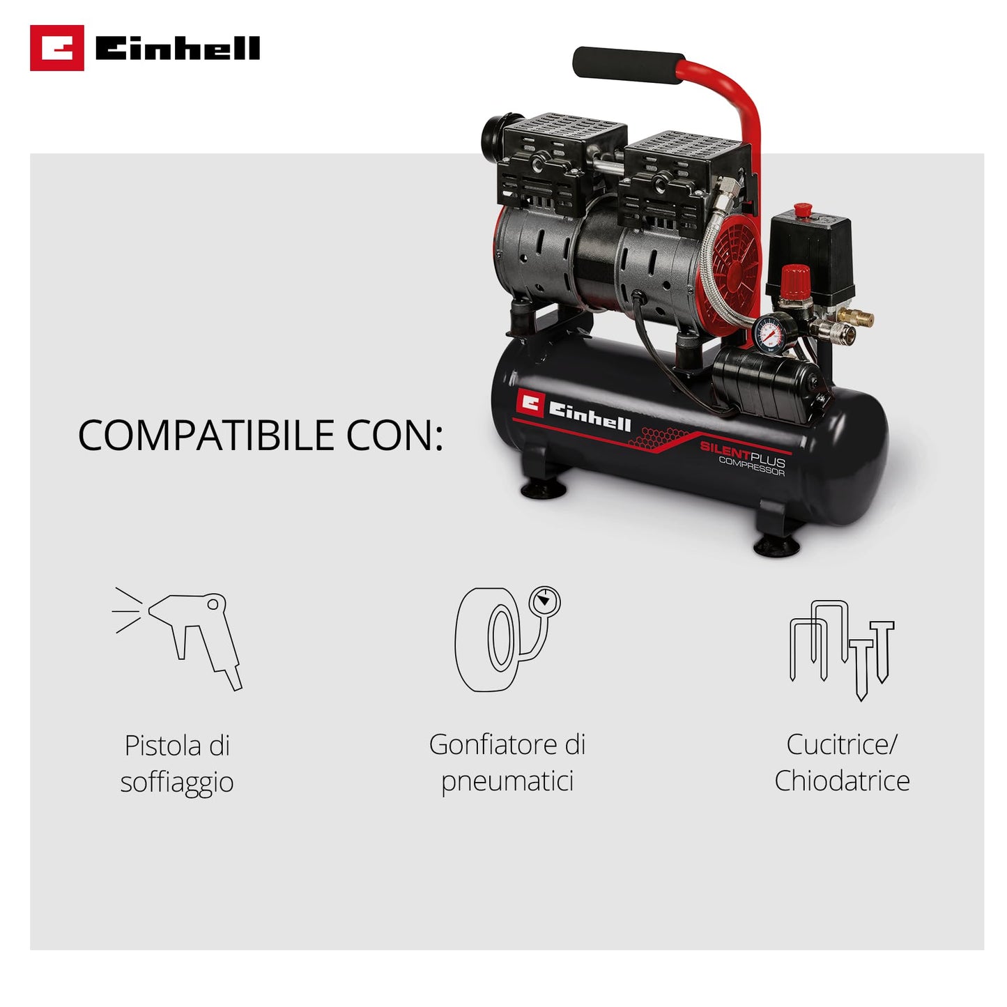 Einhell TE-AC 6 Compressore silenziato (220-240 V, 550 W, serbatoio aria 6 l, max 8 bar, portata aria max 75 l/min., cilindri 2, autolubrificato -no olio, carrellato, inc. 1 manometro, solo 57 dB(A))