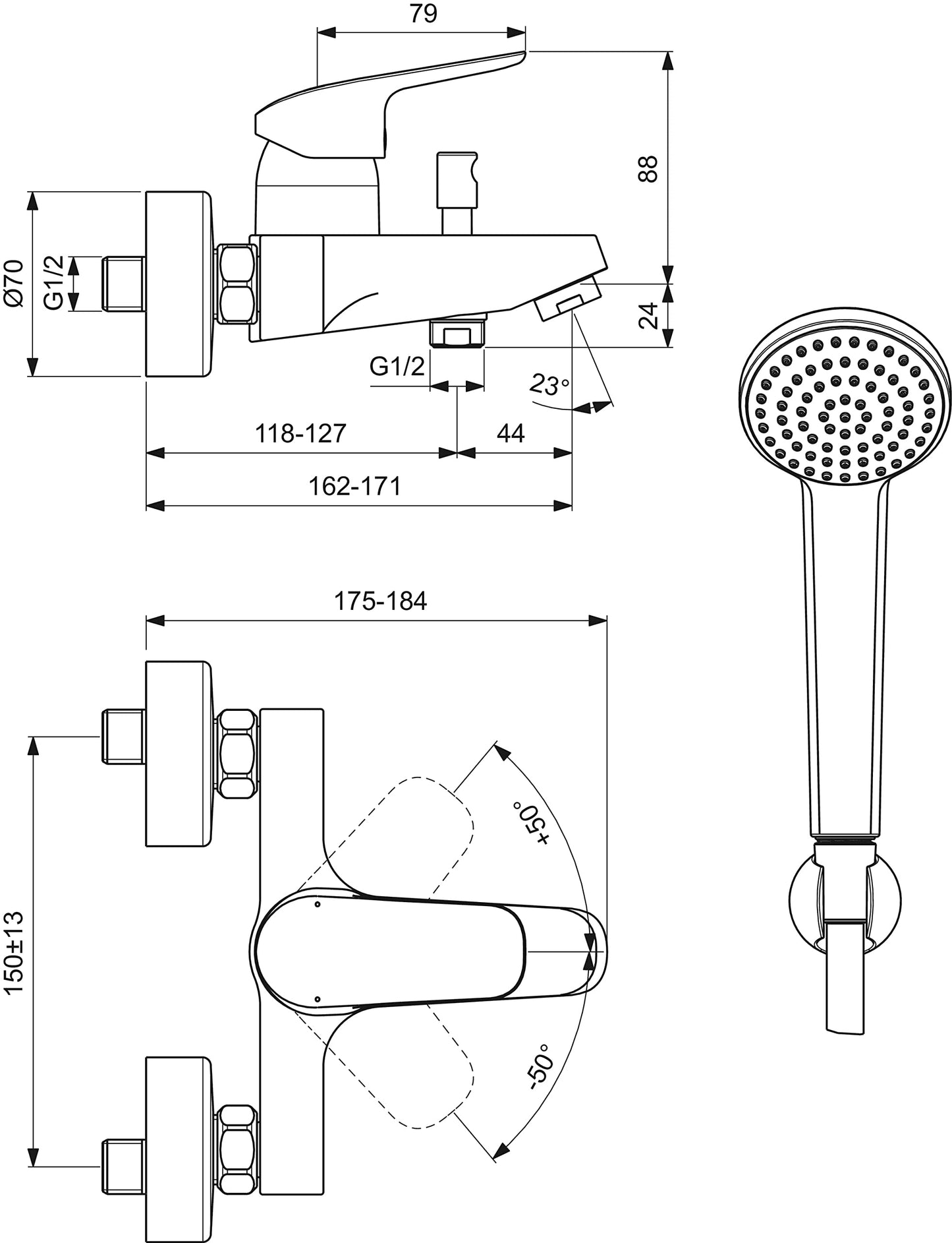 Ideal Standard – Ceraflex, Miscelatore esterno per vasca o doccia, Kit completo di doccetta ad una funzione e flessibile da 1500mm, Cromato