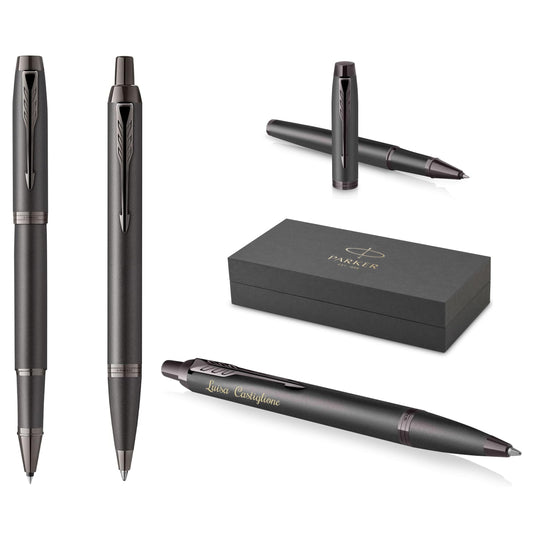 PARKER IM Professionals - Set di penne a sfera e penna roller in bianco e nero con incisione, penna premium, confezione regalo, personalizzata, incisa, anniversario, compleanno (bronzo)