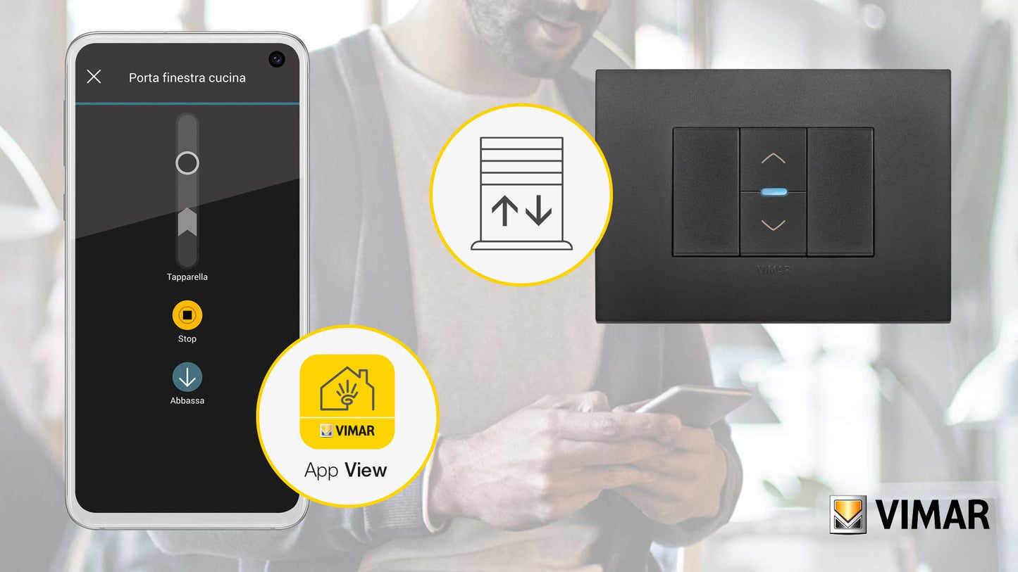 Vimar 19594 Arké Comando connesso VIEW Wireless con uscita a relè, per tapparella con lamelle orientabili, controllo da remoto, doppia tecnologia Bluetooth 5.0 e Zigbee 3.0