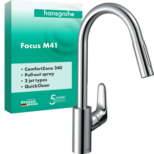 hansgrohe Focus M41 - Rubinetto da cucina con doccetta estraibile (2 getti), Miscelatore cucina con altezza bocca 240 mm, Rubinetto monocomando con bocca girevole, cromo, 31815000