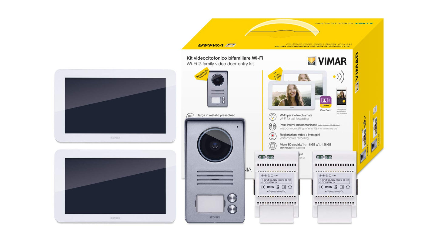 VIMAR K40956 Kit videocitofonico da parete con: 2 videocitofoni touch screen vivavoce Wi-Fi a colori LCD 7", targa audiovideo 2 pulsanti, 2 alimentatori, completo di staffe per il fissaggio, bianco