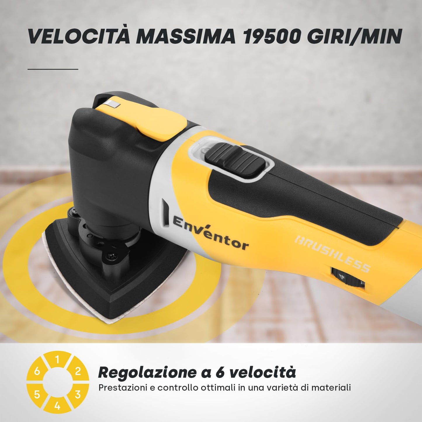 ENVENTOR Utensile Multifunzione Oscillante a Batteria da 20V Brushless, 12000-19500RPM, 6 Velocità Regolabili, 4° Angolo di Oscillazione, 28 Accessori, Per Raschiatura, Taglio, Lucidatura