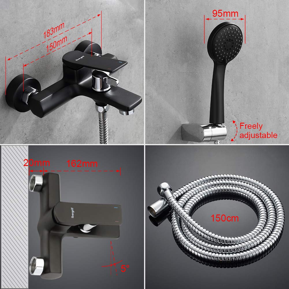 Ibergrif M13004B Rubinetto per Vasca Da Bagno Rubinetto Miscelatore Monocomando per Doccia con Doccetta, Supporto e Flessibile Rubinetto per Vasca Da Bagno