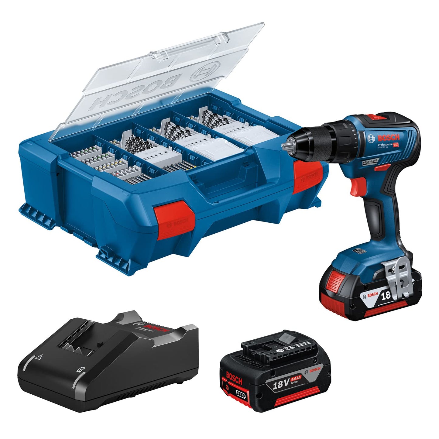 Bosch Professional 18V System Trapano-avvitatore a batteria GSR 18V-55 (coppia max. 55 Nm, 1.800 giri/min, 2 batterie 4.0 Ah, caricabatteria GAL 18V-20, set di accessori 82 pz., L-Case Pick & Click)