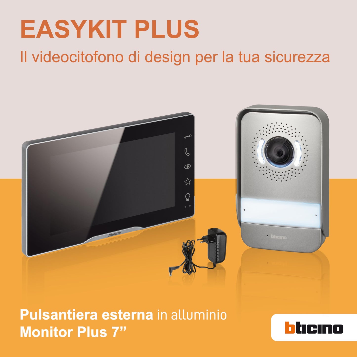 Bticino 318913 Easykit Plus Videocitofono Monofamiliare Plug-In 2 Fili con: 1 Pulsantiera Esterna con Campanello e Telecamera, 1 Monitor Interno 7" a Colori con Vivavoce, Espandibile per Bifamiliare