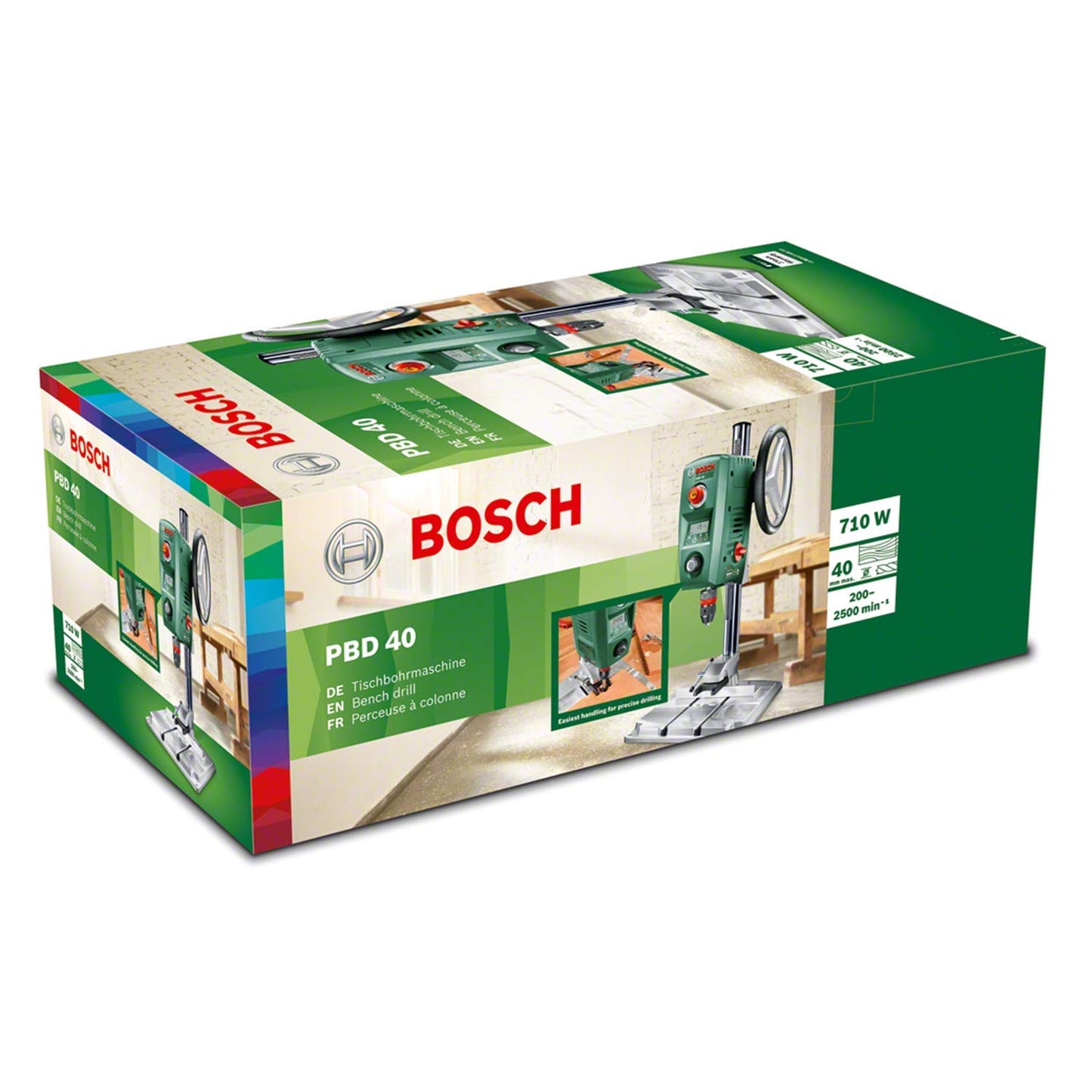 Bosch Trapano a colonna PBD 40, guida parallela, morsetti di fissaggio rapido, confezione in cartone, potenza 710 Watt