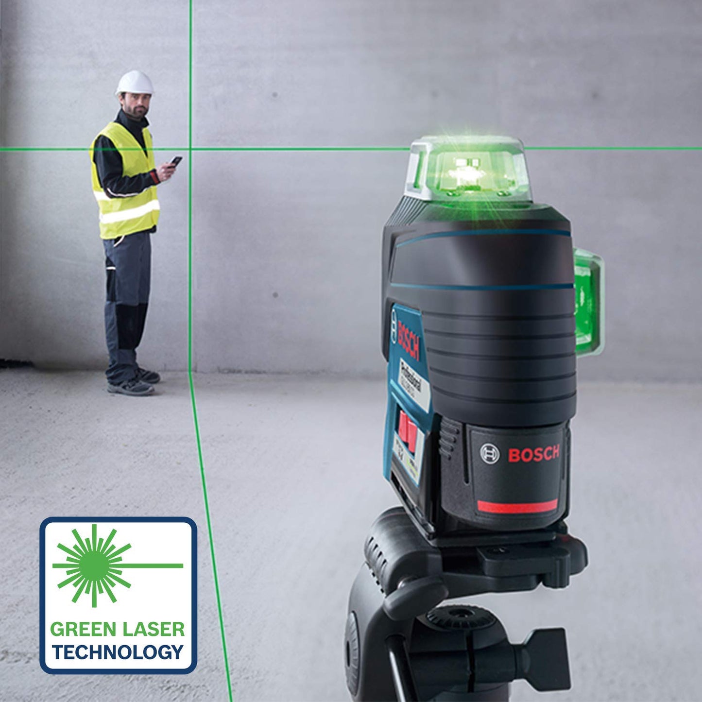 Bosch Professional 12V System Livella Laser GLL 3-80 CG (1 batteria 12V + Caricabatteria, laser verde, da interno, con app, raggio d’azione: fino a 30 m, Supporto universale BM 1, L-BOXX)