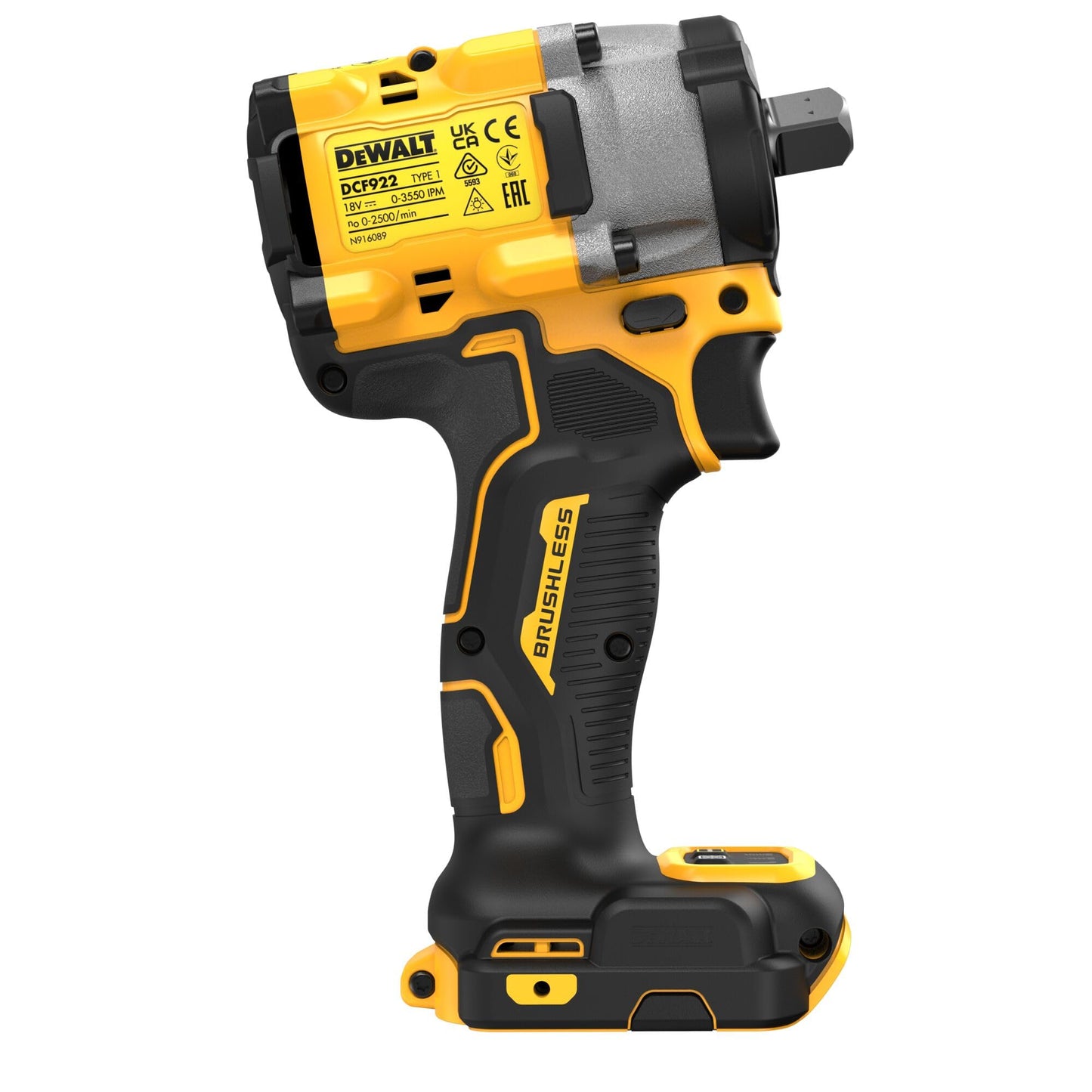 DeWalt DCF922N-XJ Avvitatore ad Impulsi a Batteria, 18 V, Presa Quadrata Esterna con Bloccaggio a Sfera, Coppia di Serraggio di 406 Nm, Coppia di Rilascio di 610 Nm, Include Gancio per Cintura