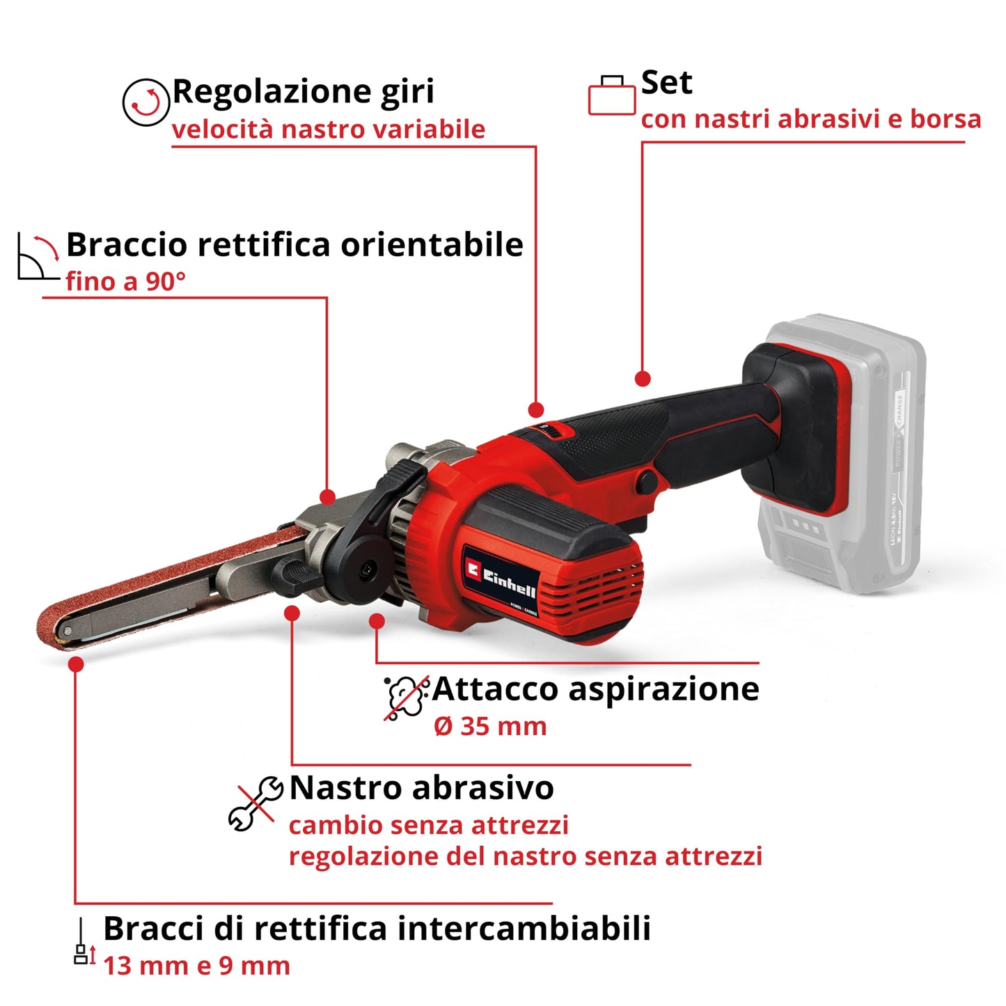 Einhell Lima a nastro a batterie TE-BF 18 Li-Solo Power X-Change (18 V, velocità fino a 1.700 m/min, 2 bracci abrasivi 9 mm e 13 mm, incl. 12 pz. nastri abrasivi, senza batteria)