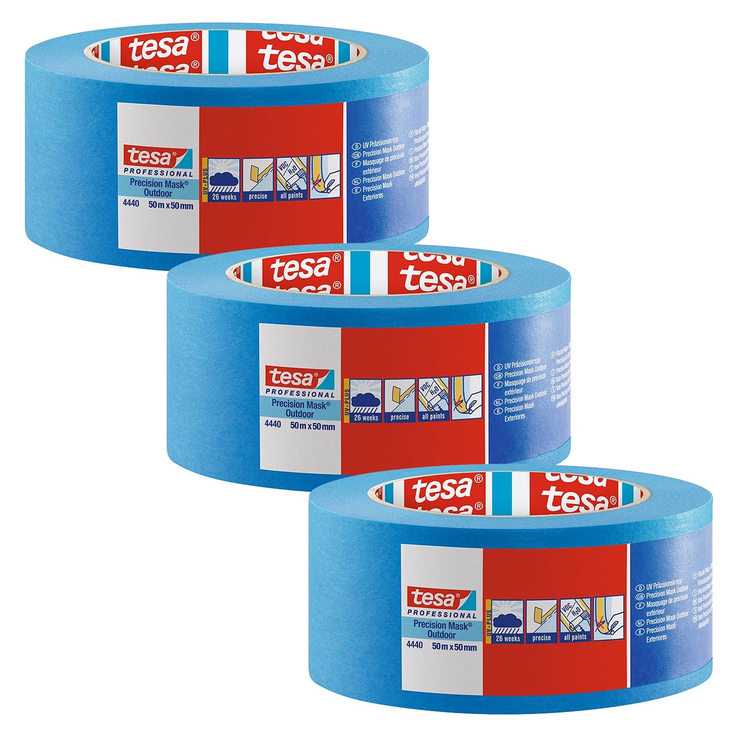 tesa Nastro adesivo di precisione 4440 per esterni UV-Plus, confezione da 3 pezzi, resistente alle intemperie, per esterni – per incollare e coprire con precisione – blu, 50 m x 50 mm