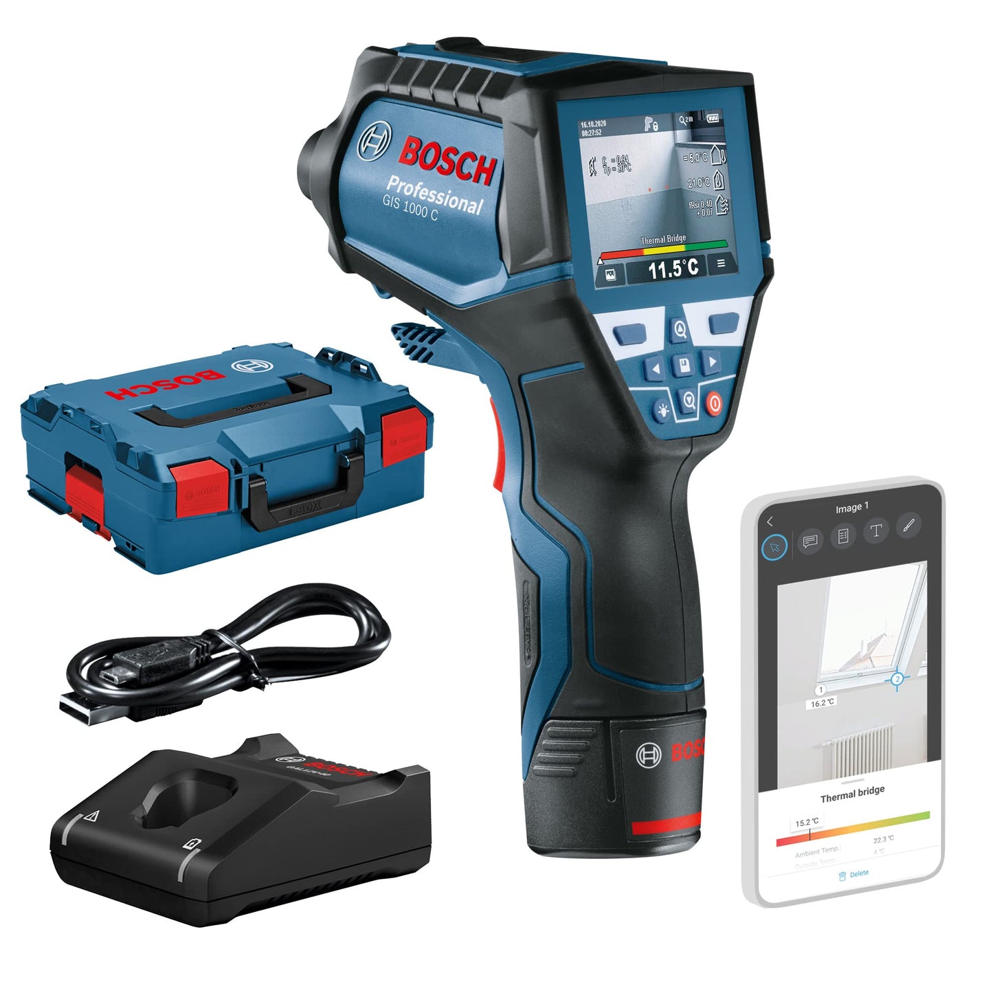 Bosch Professional 12V System Termometro a infrarossi GIS 1000 C,1 batteria 12V, con funzione app, intervallo di temperatura da -40 °C a 1000 °C, L-BOXX