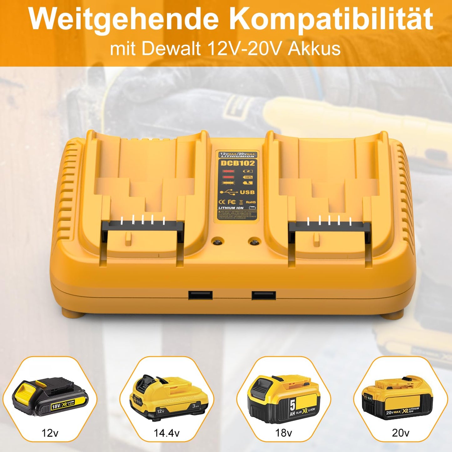 Energup 2 Pezzi 18V 5.0Ah Batteria di Ricambio + DCB102 Dual Port Caricabatterie per Dewalt 18V Batteria DCB184 DCB200 DCB182 DCB180 DCB181 DCB183 DCB201