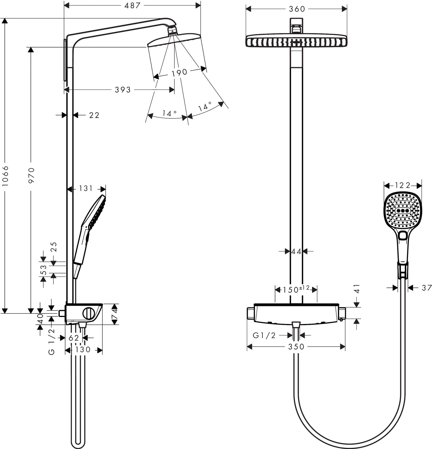 hansgrohe Raindance E - Colonna doccia con miscelatore termostatico, Sistema doccia (360 x 190 mm) con rubinetto, doccetta (3 getti), tubo, asta e soffione doccia quadrato, cromo, 27112000