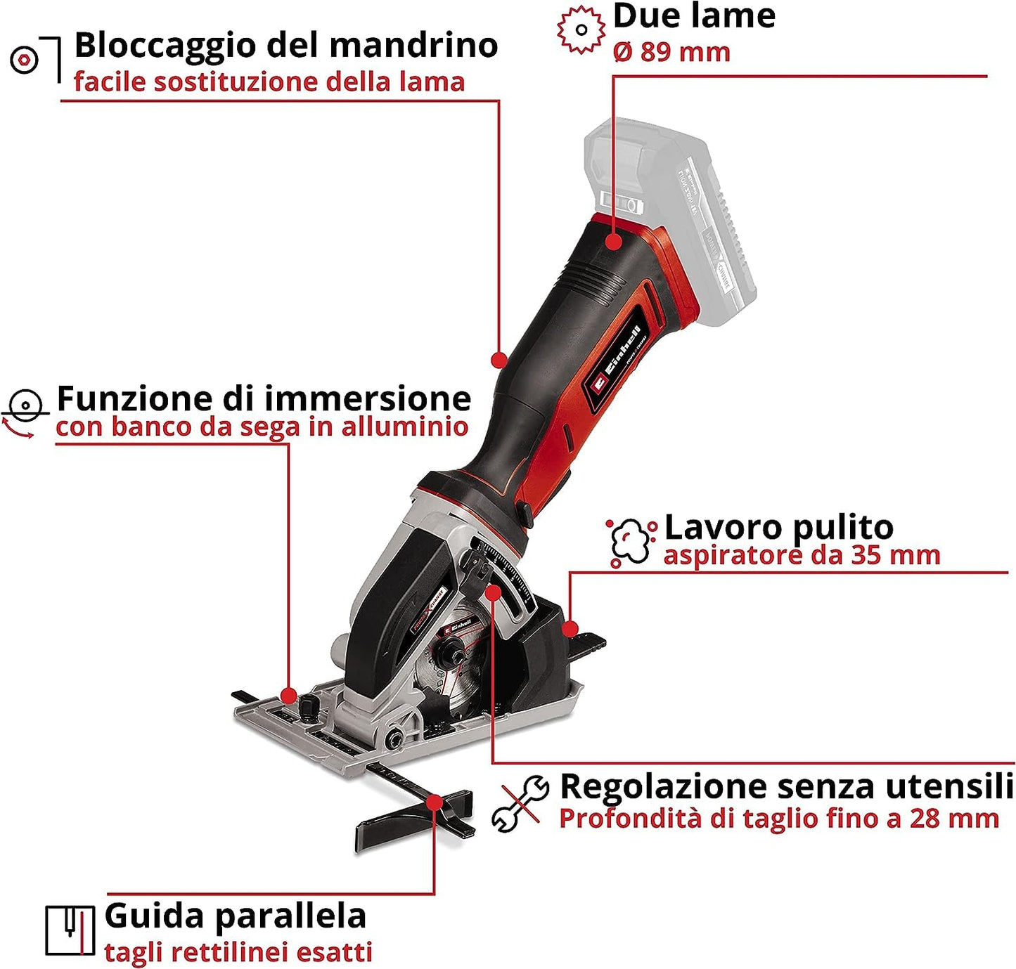 Einhell Mini sega circolare manuale a batteria TE-CS 18/89 Li-Solo Power X-Change (ioni di litio, 2500 min-1, profondità di taglio 28 mm, diametro lama 89 mm, senza batteria e caricatore)