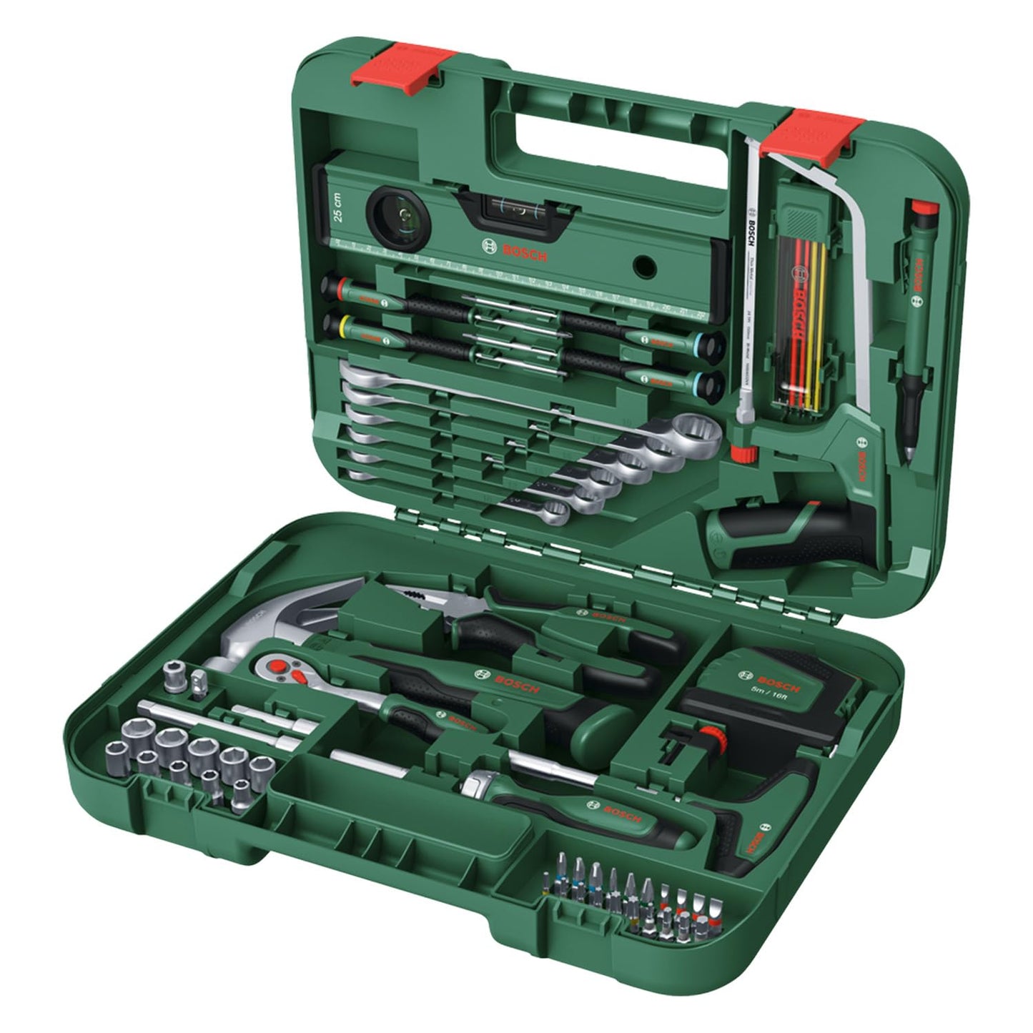 Bosch Set di utensili manuali avanzati da 64 pezzi (kit versatile, materiali di alta qualità, utensili ergonomici, pinze, chiavi, avvitatori, cricchetto, utensili di misura, sega, martello)