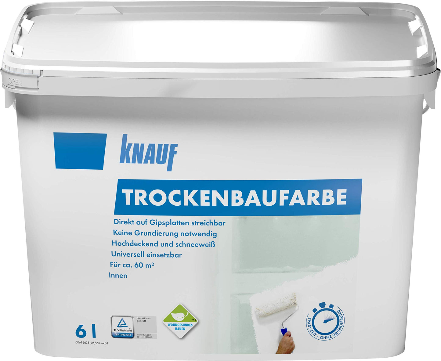 Knauf Vernice per cartongesso, opaca, per interni verniciare cartongesso, pronta all'uso, traspirante, senza solventi, conforme ai VOC, colore in fibra di gesso, 6 l, bianco