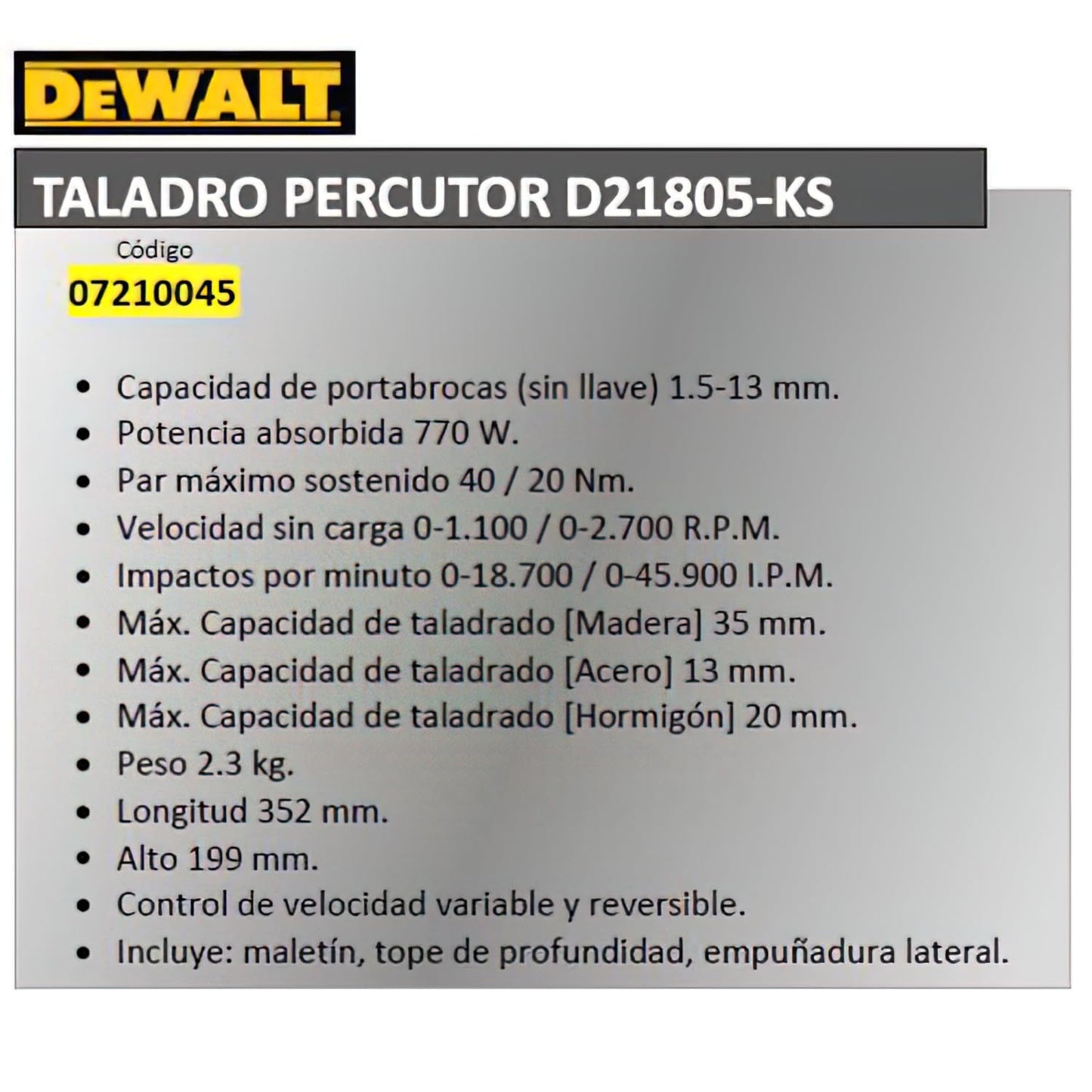 DeWalt, Dᴇ WALT D21805KS, QS Trapano a Percussione 2 Velocità, Mandrino Autoserrante, 13 mm, 770 W