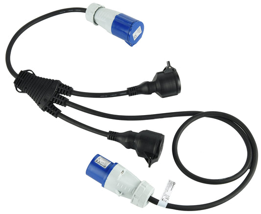 Electraline 46152 Prolunga Splitter Caravan a 3 vie/Cavo Alimentazione, con 2 Prese Schuko + 1 Industriale CEE, Spina CEE per uso esterno IP44, Cavo in gomma H07RN-F 3G1.5mm, Lunghezza 1.5M, nero