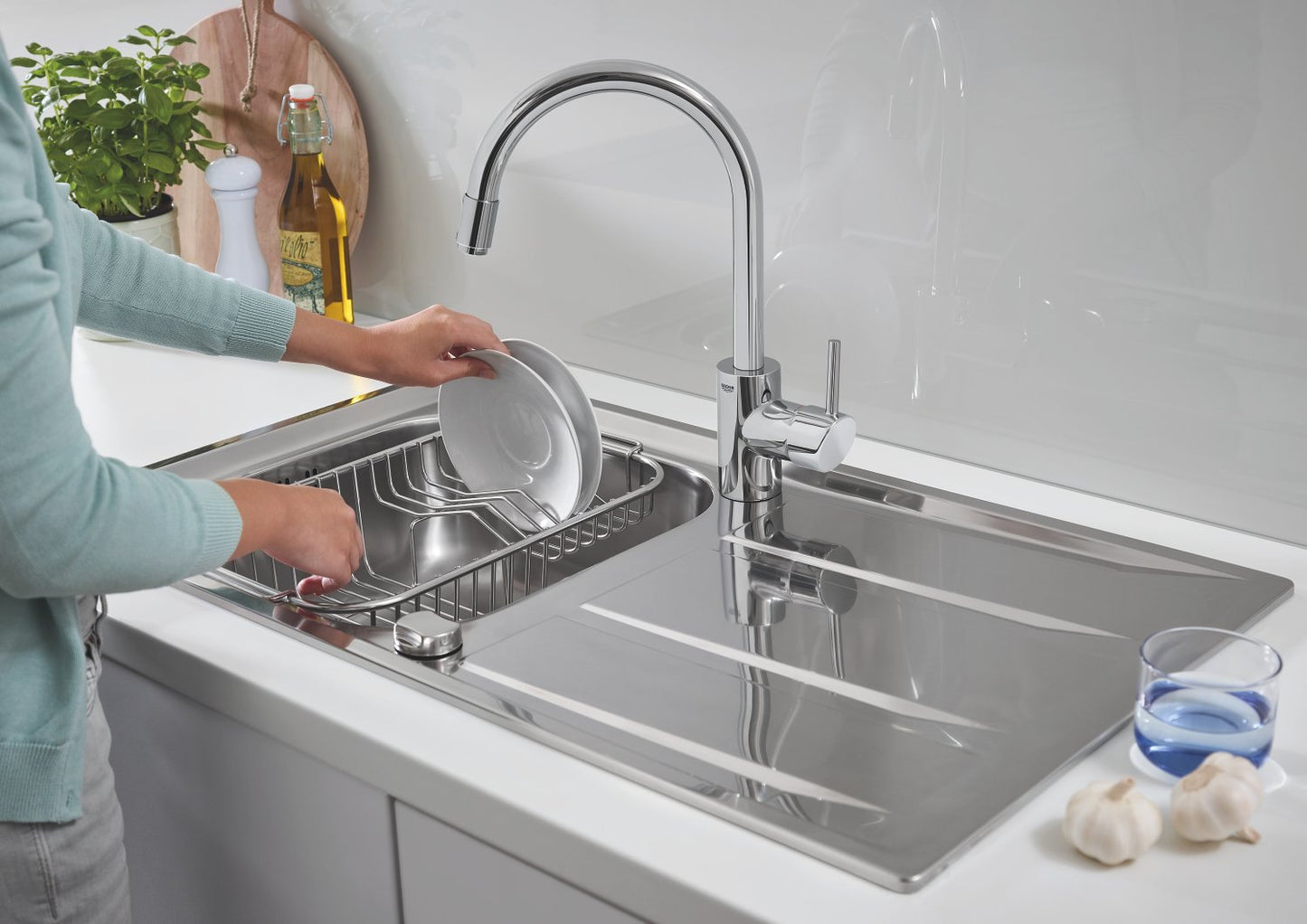 GROHE K400 | Lavello da cucina - sopratop, reversibile, piletta di scarico con azionamento automatico | include: piletta automatica, sifone, set di installazione | Acciaio inox | 31566SD0