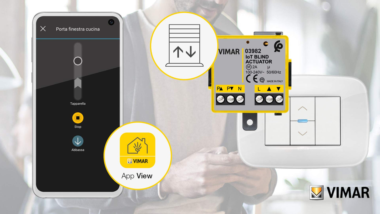 VIMAR 03982 Modulo relè tapparella connesso IoT, per tapparella con orientamento delle lamelle, controllo da remoto, doppia tecnologia Bluetooth e Zigbee, grigio