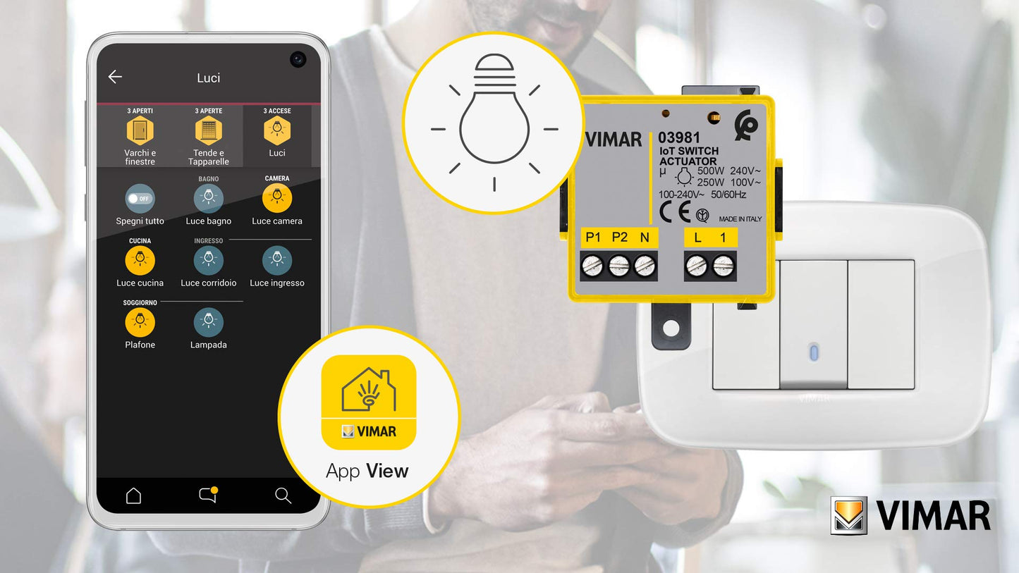 Vimar 03981 Modulo relè connesso IoT con uscita NO, per lampade ad incandescenza, LED, fluorescenti, trasformatori, controllo da remoto, doppia tecnologia Bluetooth e Zigbee, Grigio