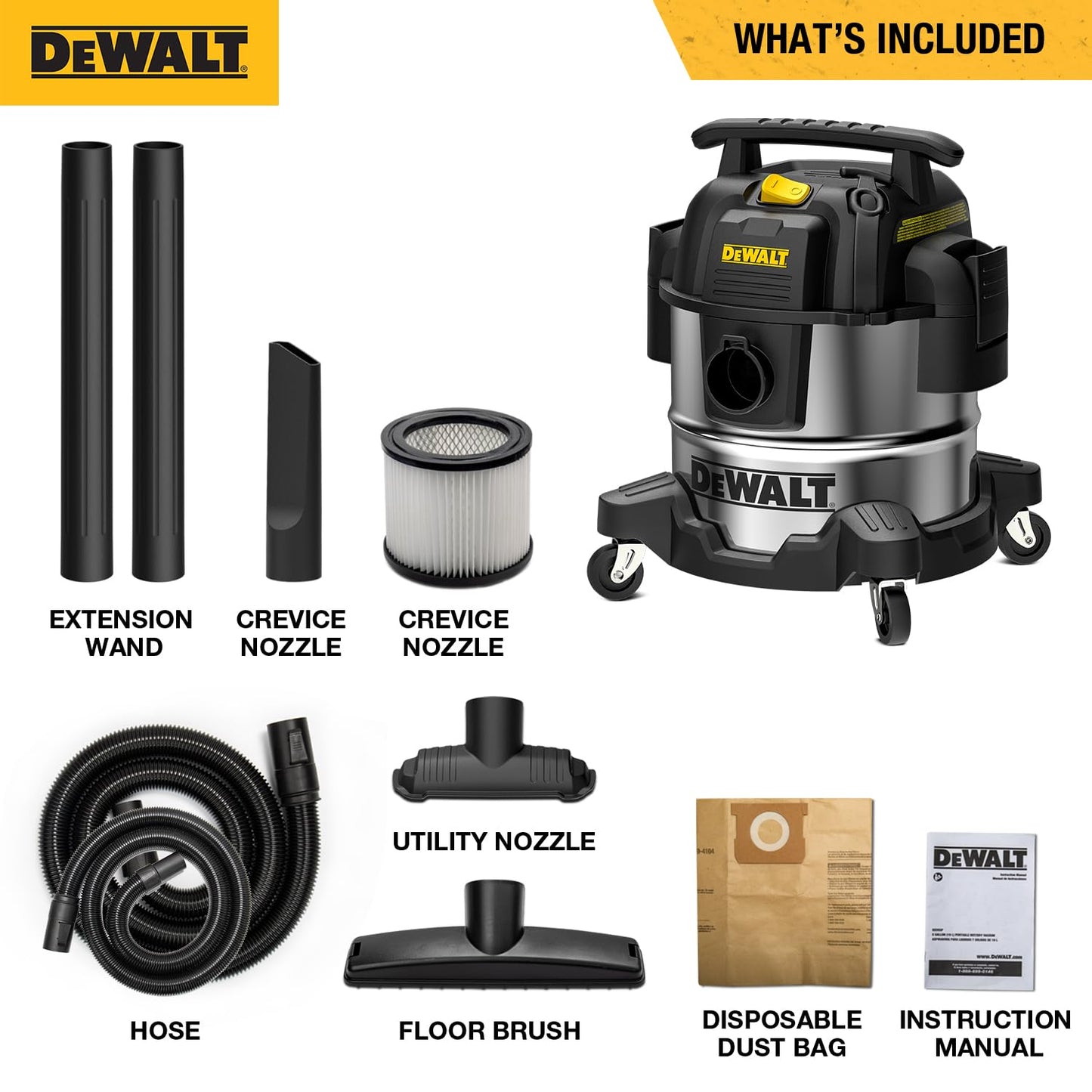 DeWalt Aspirapolvere per Solidi e Liquidi, Aspirapolvere Professionale in Acciaio Inossidabile, 25L,1050 W, DXV25S, Argento