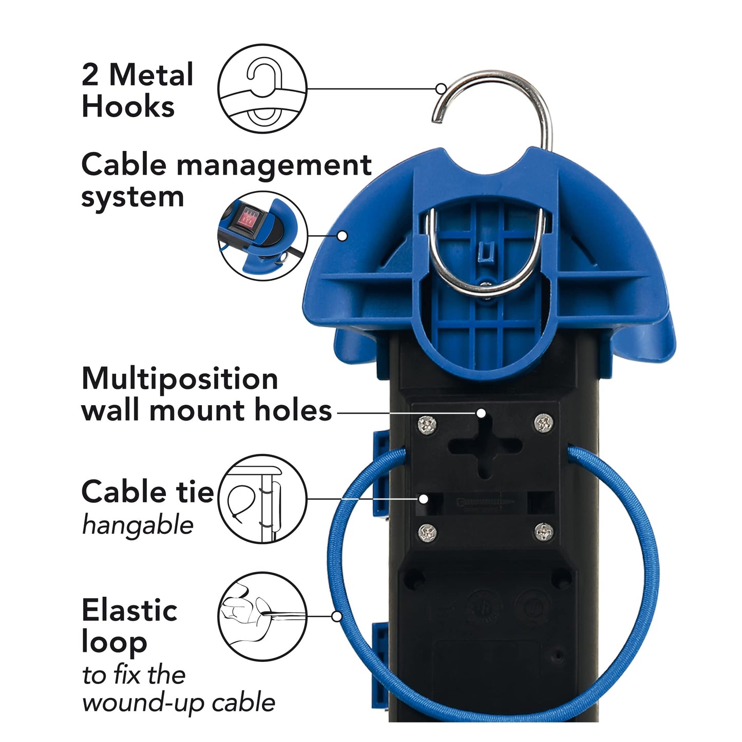 Electraline 62576 Multipresa Outdoor con Spina CEE, 4 Prese Schuko con tappo IP44, appendibile con 2 ganci+elastici fermacavo, Cavo in gomma 3M, H07RN-F 3G1.5, campeggio, caravan, blu/nero