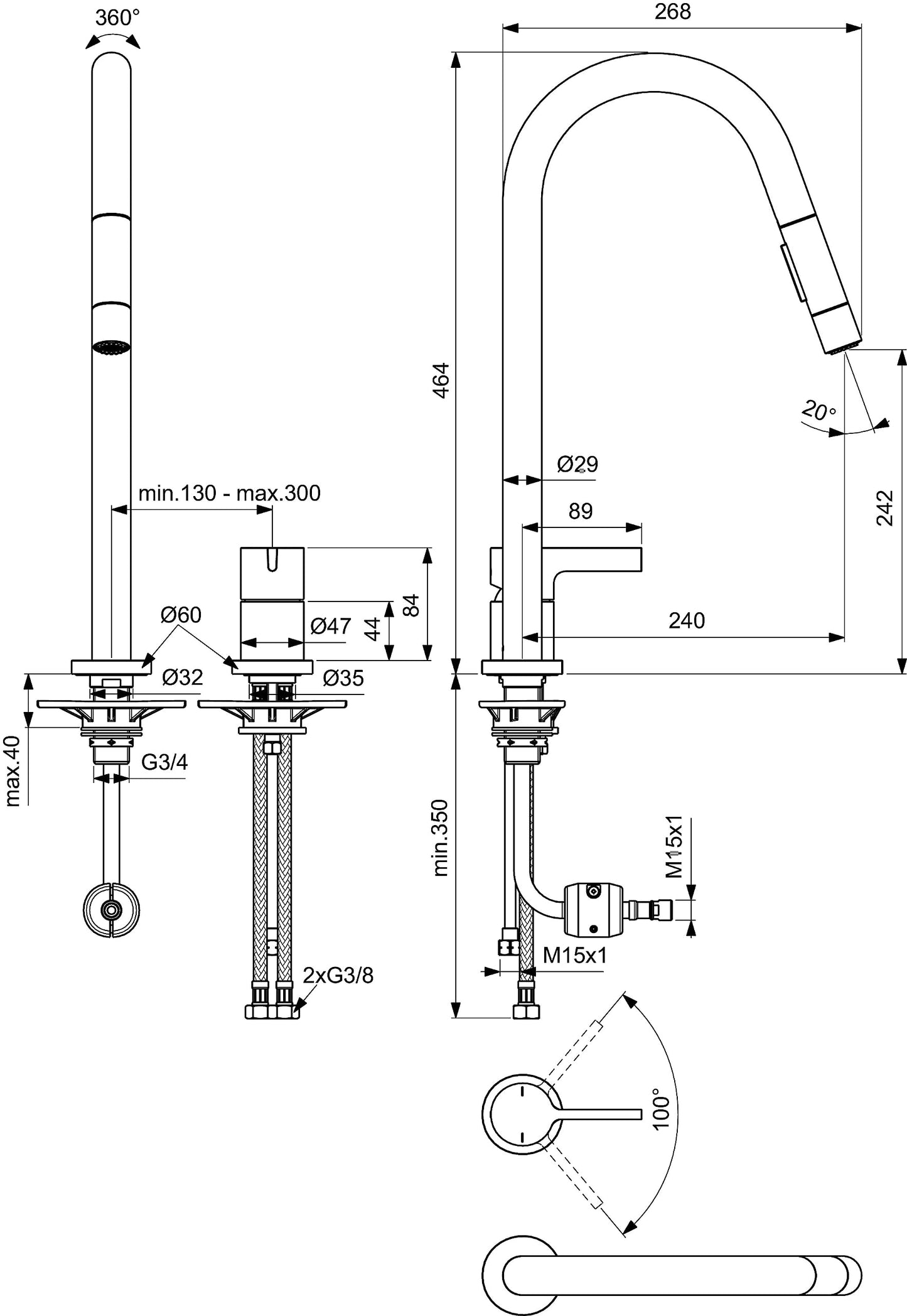 Ideal Standard - Gusto, Miscelatore monocomando per lavello da cucina a due fori, Bocca alta tubolare con doccetta orientabile ed estraibile a due funzioni, Cromato