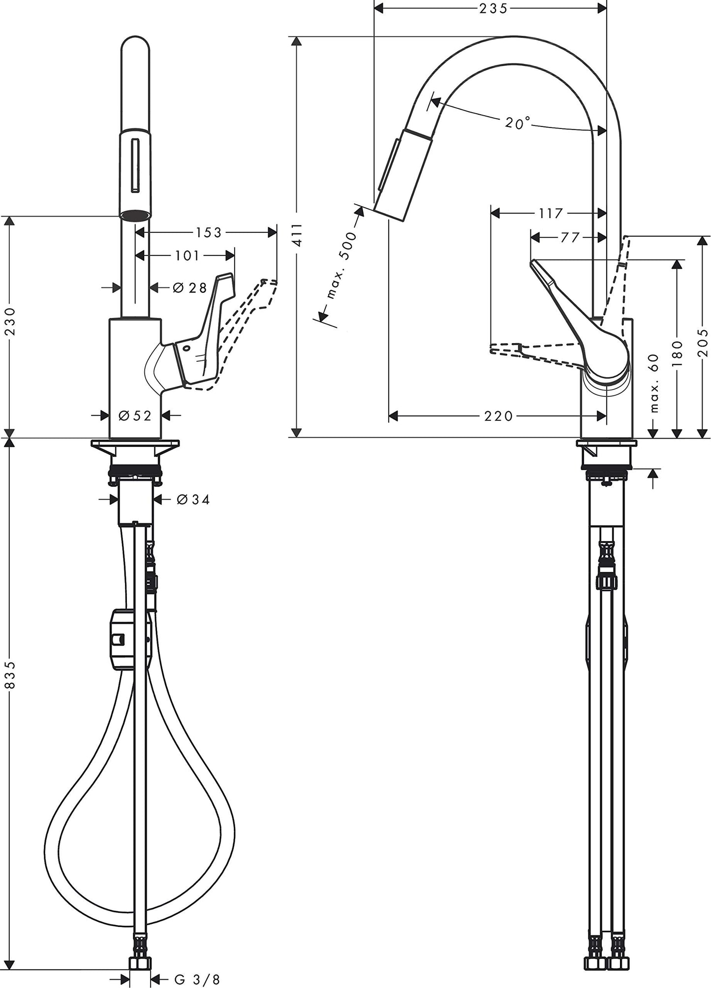 hansgrohe Cento - Rubinetto da cucina con doccetta estraibile (2 getti), Miscelatore cucina con altezza bocca, Rubinetto monocomando con bocca girevole, cromo, 14803000