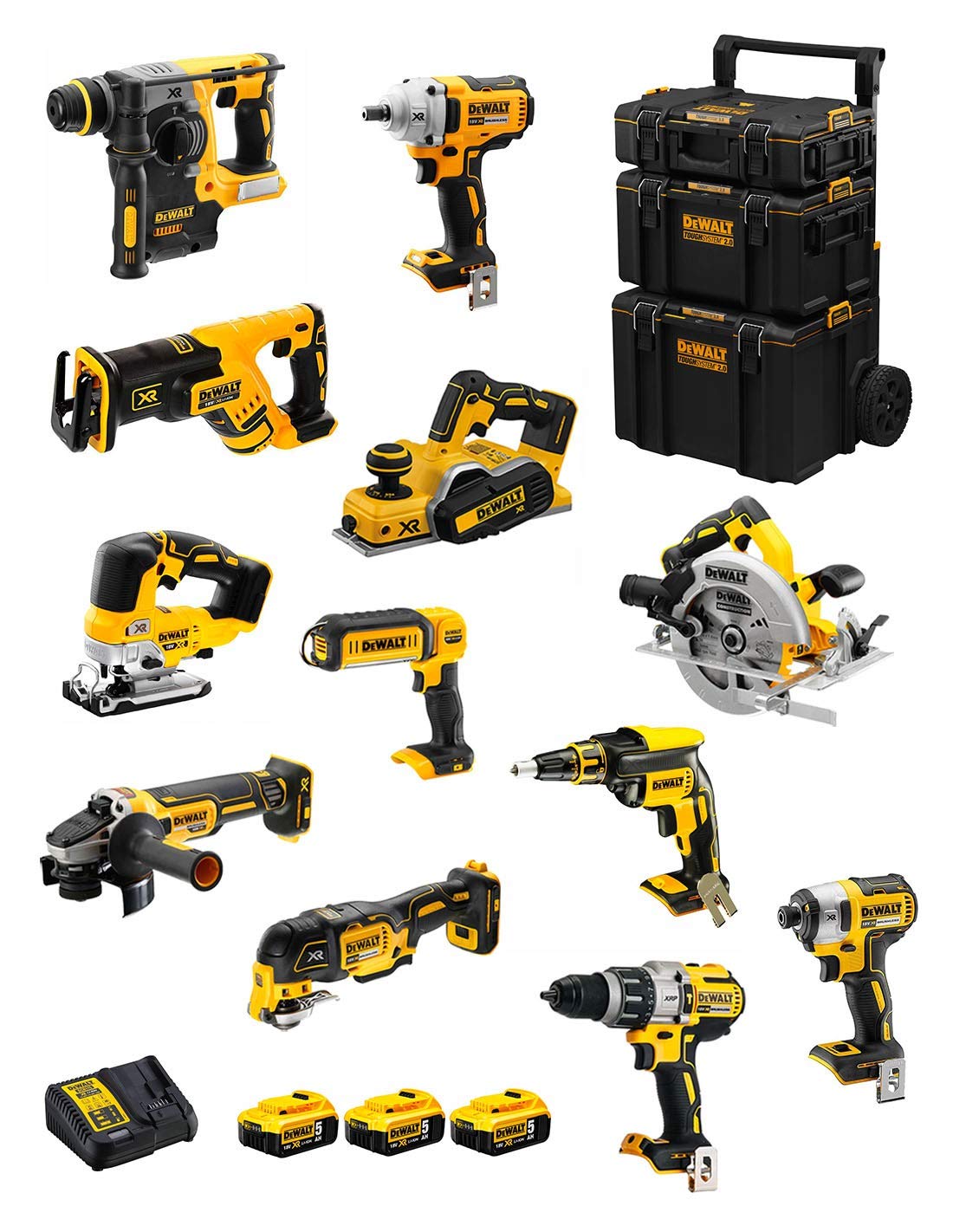 DeWALT Kit DWK1201 (DCD996 + DCH273 + DCG405 + DCF887 + DCF894 + DCS334 + DCS570 + DCS355 + DCP580 + DCS367 + DCL050 + DCF620 + 3 Batterie 5,0 Ah + Caricabatterie + Caddy 3en1)