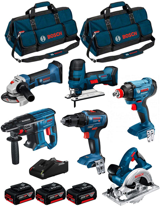 BOSCH Kit 18V BK601BAG (GDX 18V-180 + GSR 18V-55 + GKS 18 V-LI + GST 18 V-LI S + GBH 18V-21 + GWS 18-125 V-LI + 3 Batterie di 4,0 Ah + Caricabatterie + 2 Borse)