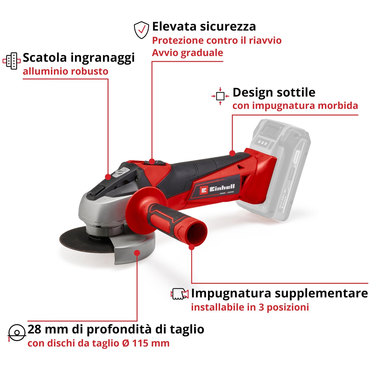 Einhell Smerigliatrice angolare a batteria TC-AG 18/115 Li-Solo Power X-Change (18 V, 115 mm diametro disco, 28 mm profondità taglio, soft start, senza disco, senza batteria)