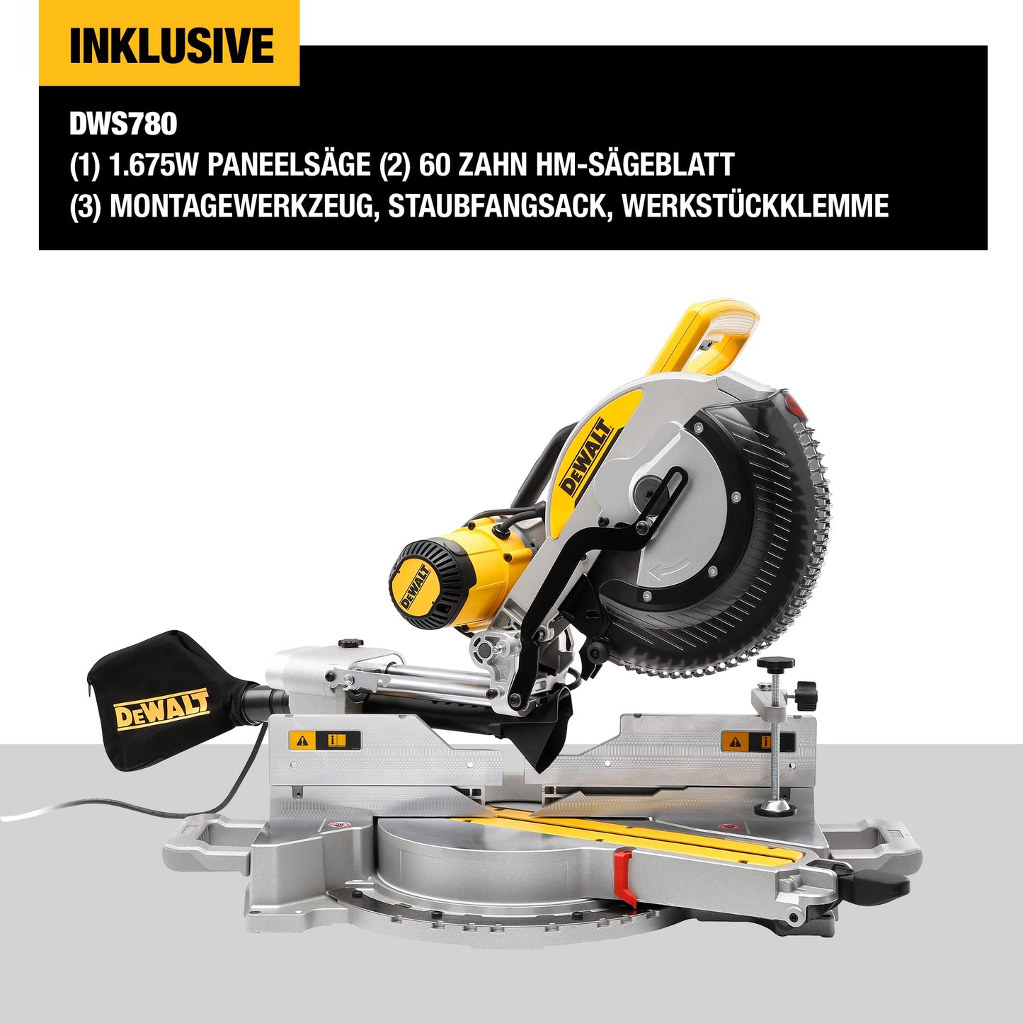 DEWALT DWS780-QS Troncatrice Radiale Doppio Abbattimento della Testa, 1675 W, Giallo/Nero, 305 mm