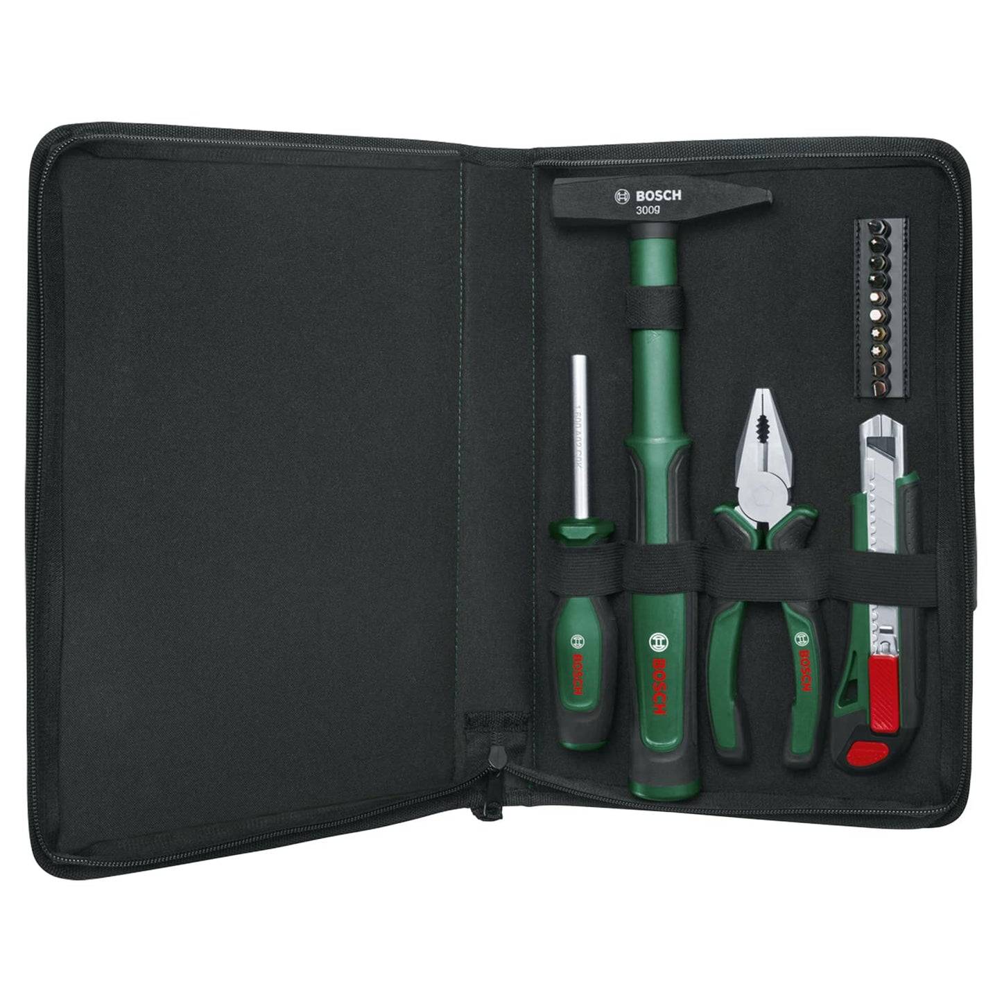 Bosch Set Easy Starter Utensili Manuali da 14 Pezzi, Kit Starter di Utensili per Semplici Lavori Domestici e di Fai-Da-Te, Pinze Combinate, Cacciavite, Coltellino Multiuso, Martello, 10 Bit