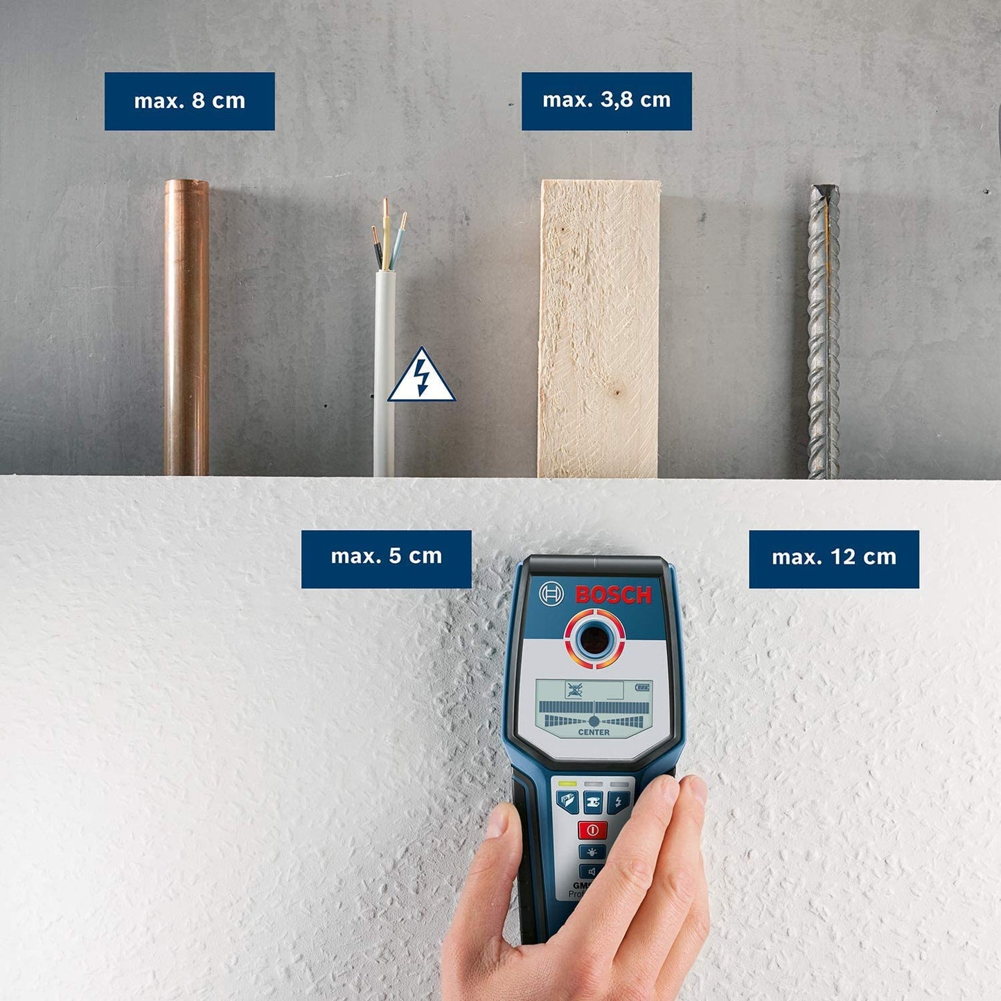 Bosch Professional Rilevatore GMS 120 (Evidenziatore per fori, profondità di rilevamento max. legno/metallo magnetico/metallo non magnetico/cavi sotto tensione: 38/120/80/50 mm)