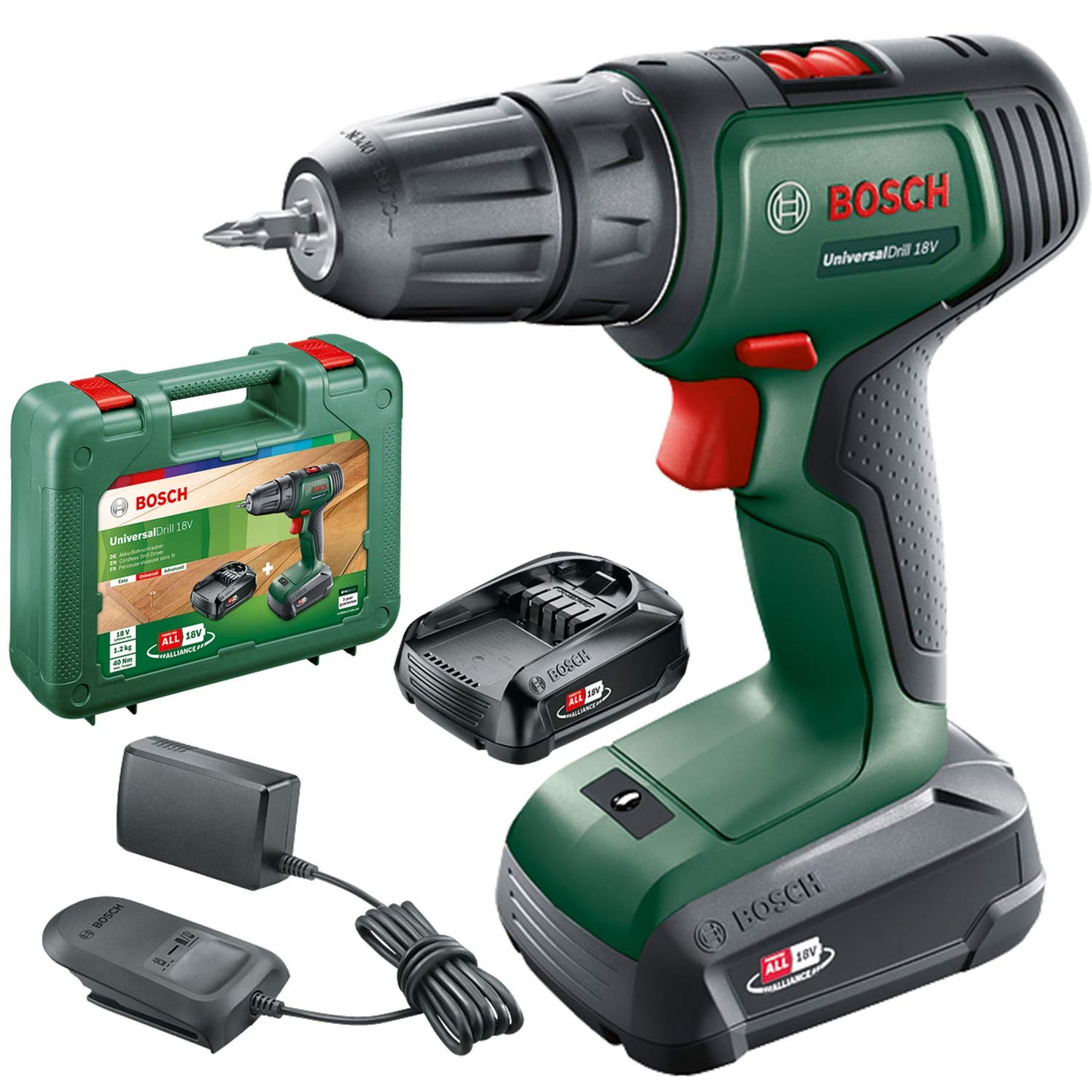 Bosch Home and Garden 06039D4002 Bosch Trapano a Batteria UniversalDrill (2 Batterie, In Valigetta), Verde-Nero, 38.1 x 28.9 x 10 cm, sistema da 18 Volt