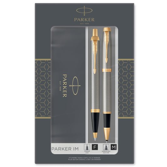 PARKER IM Duo set regalo con penna a sfera e penna roller, metallo satinato con finiture in oro, cartuccia e ricarica di inchiostro nero, confezione regalo