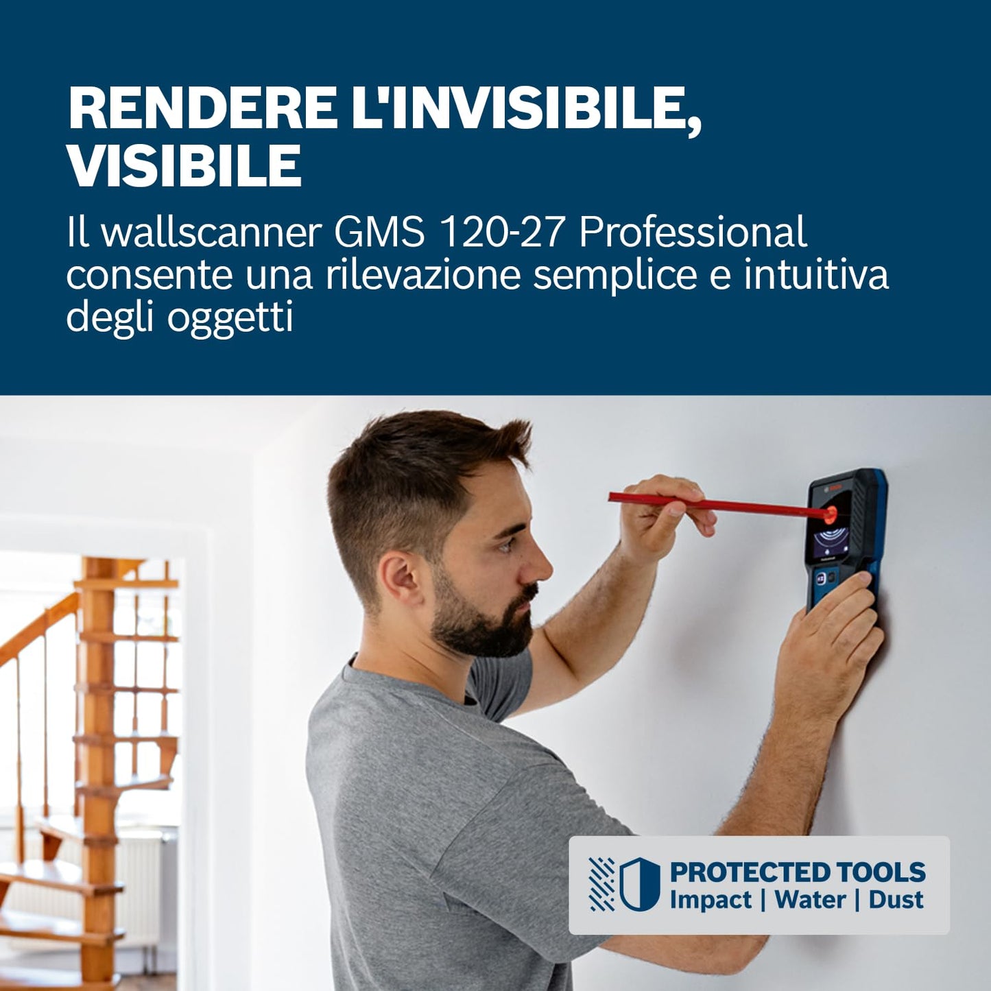 Bosch Professional Wallscanner GMS 120-27 (cavo USB-C, profondità di rilevazione max. metallo non magnetico/metallo magnetico/cavo sotto tensione/legno: 120/100/50/30 mm, 2 batterie AA, custodia)