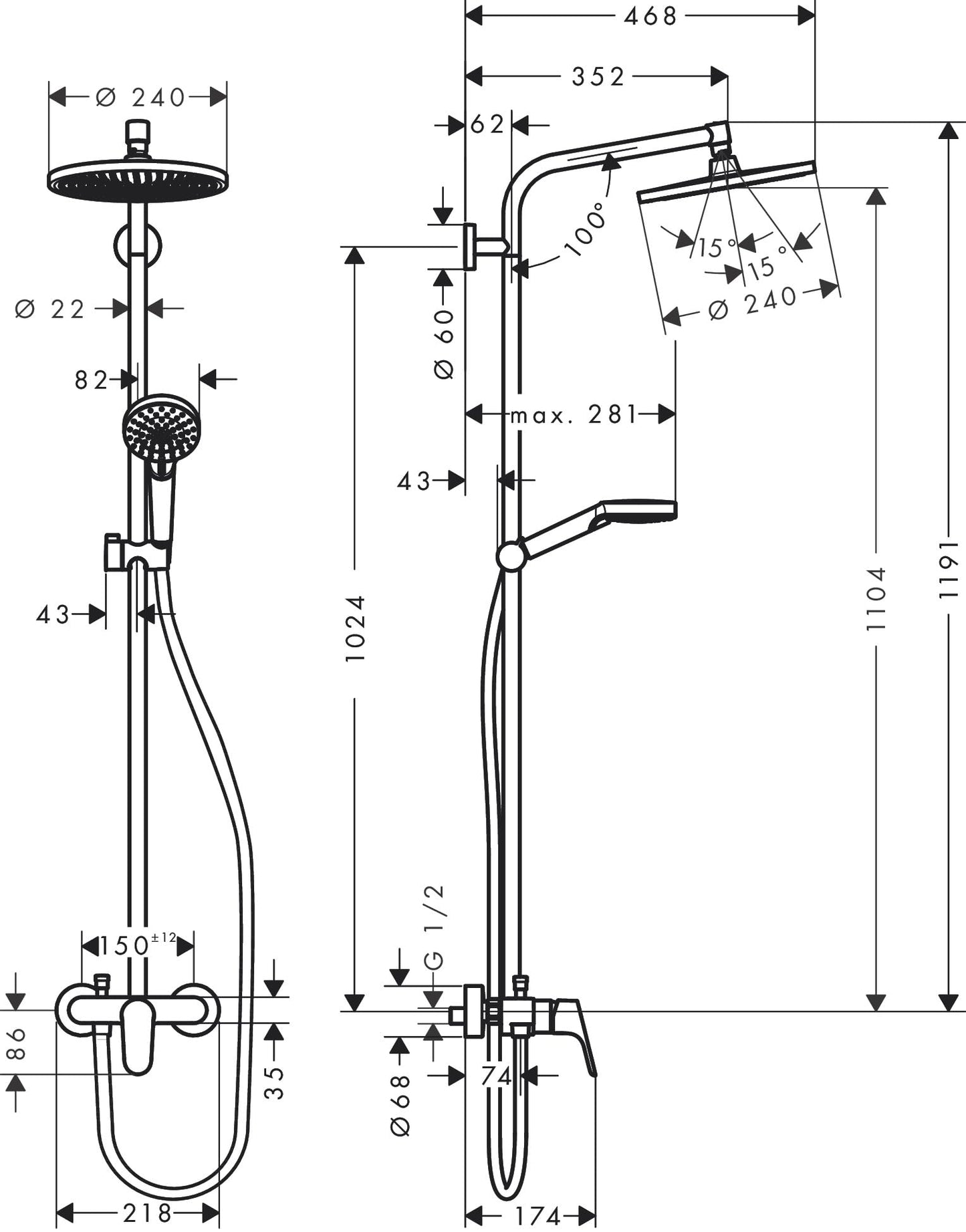 hansgrohe Crometta S - Colonna doccia con miscelatore monocomando, Sistema doccia (⌀ 240 mm) con rubinetto, doccetta (2 getti), tubo, asta e soffione doccia tondo, cromo, 27269000