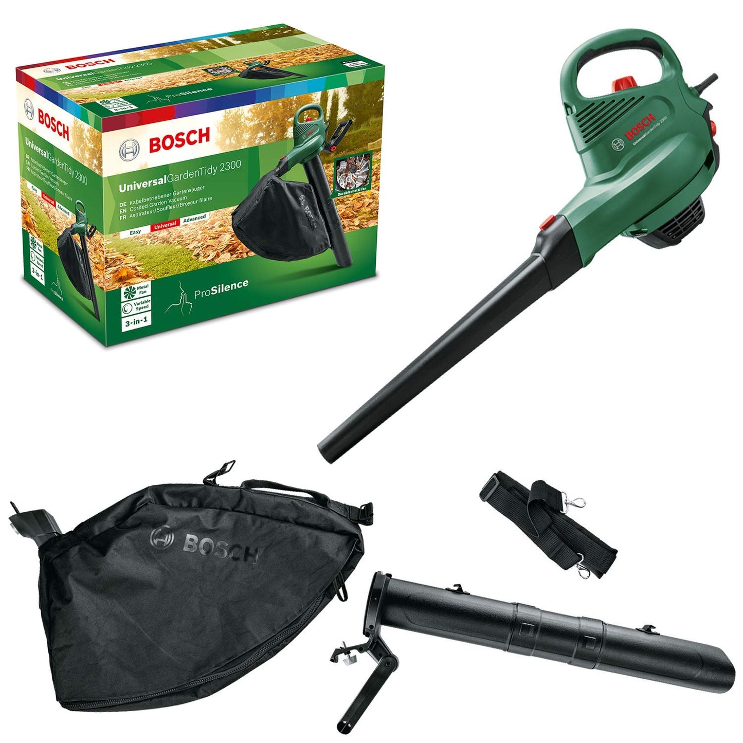 Bosch Soffiatore/aspiratore elettrico UniversalGardenTidy 2300, 2300 W, sacco di raccolta da 45 l, velocità variabile, per soffiare, aspirare e triturare foglie, confezione in cartone