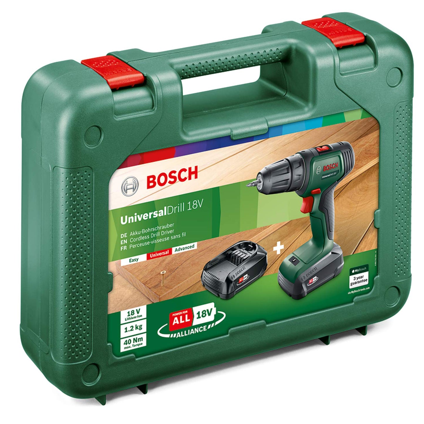 Bosch Home and Garden 06039D4002 Bosch Trapano a Batteria UniversalDrill (2 Batterie, In Valigetta), Verde-Nero, 38.1 x 28.9 x 10 cm, sistema da 18 Volt