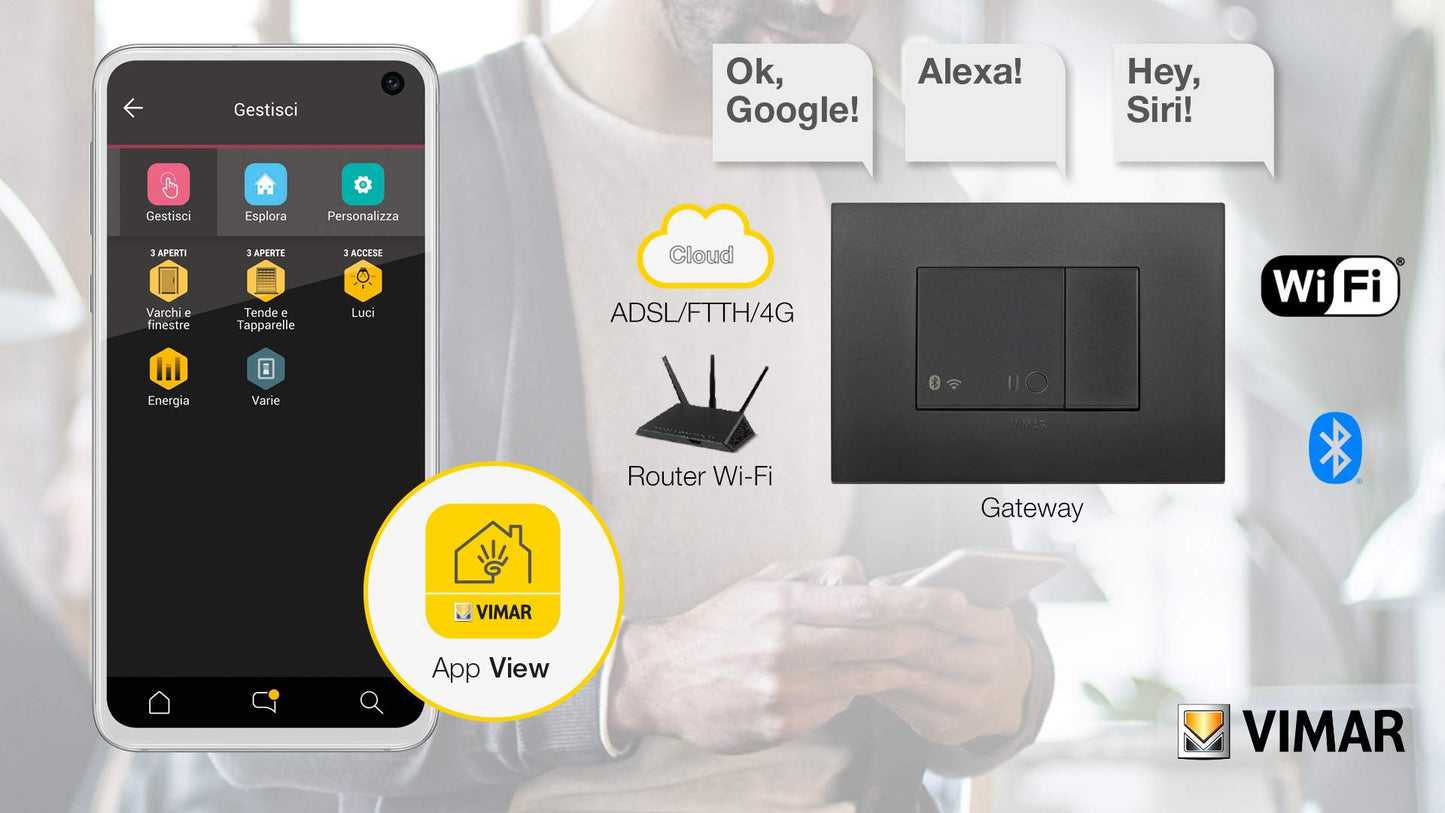 Vimar 19597 Arké Gateway connesso IoT Bluetooth Wi-Fi per integrazione, configurazione, supervisione di VIEW Wireless, mediante Cloud e App, 2 moduli