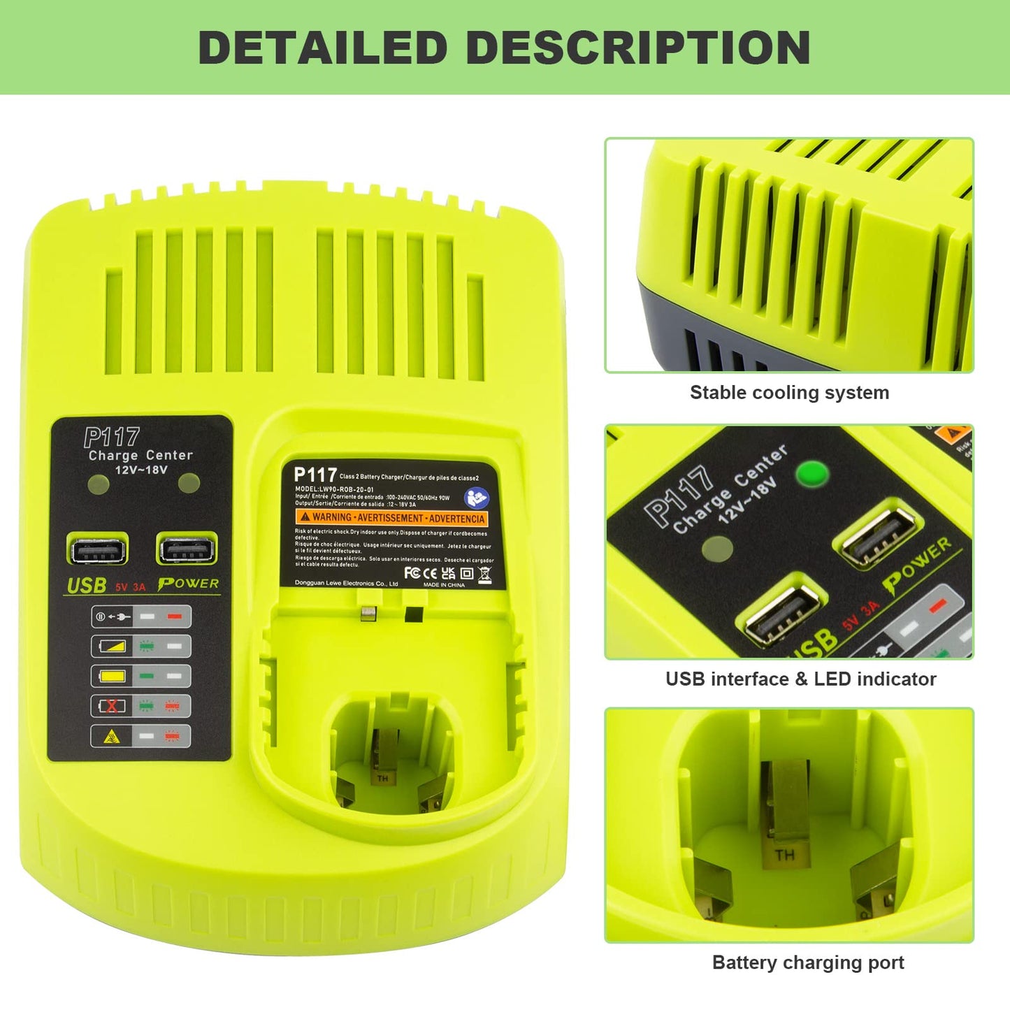 LabTEC Caricatore per batteria P117 Dual Port di ricambio per RB 12V-18V serie One Plus, agli ioni di litio NI-Cd NI-MH per RB BPL-1815 P102 P103 P104 P105 P106 P107 P108 P109 P122