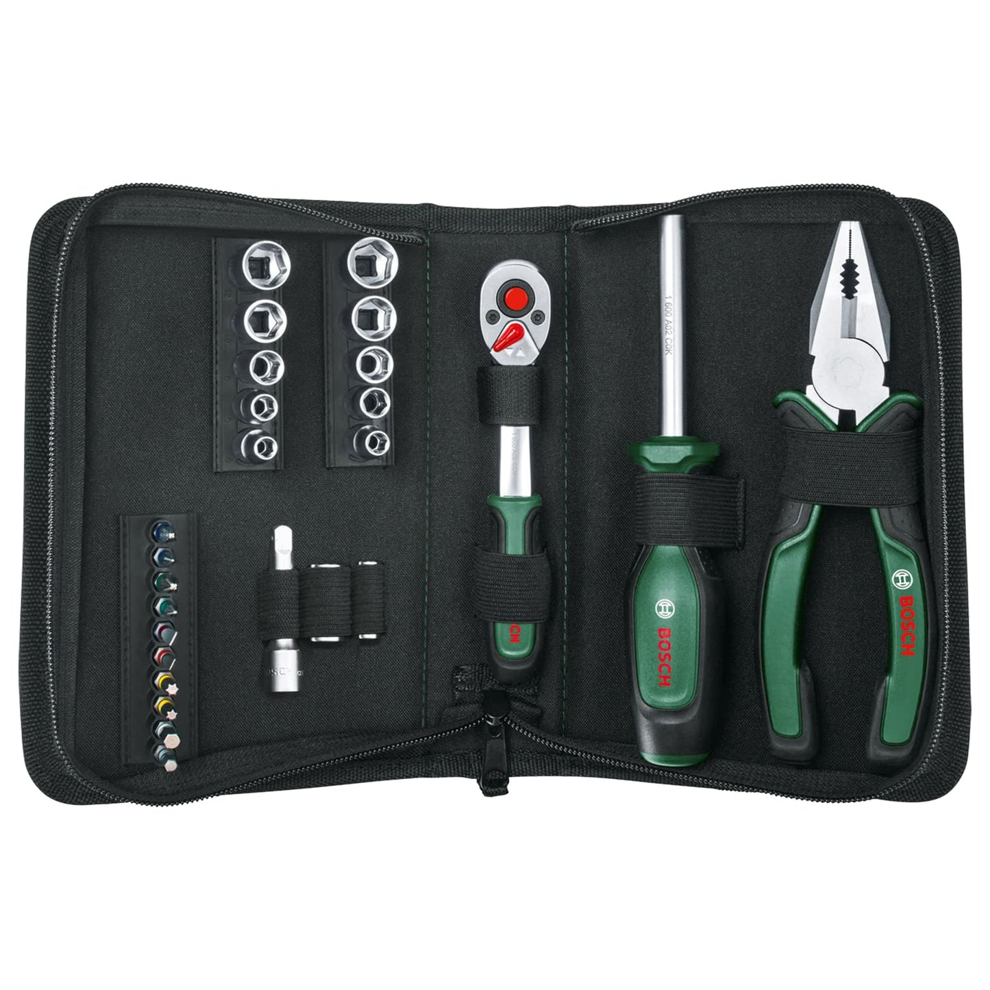 Bosch Set di Utensili Manuali da 26 Pezzi, Kit Compatto e Portatile per Progetti Fai-Da-Te, Ottimo da Trasportare, Cricchetto da 1/4", Pinze Combinate, Cacciavite Universale, in Borsa in Tessuto