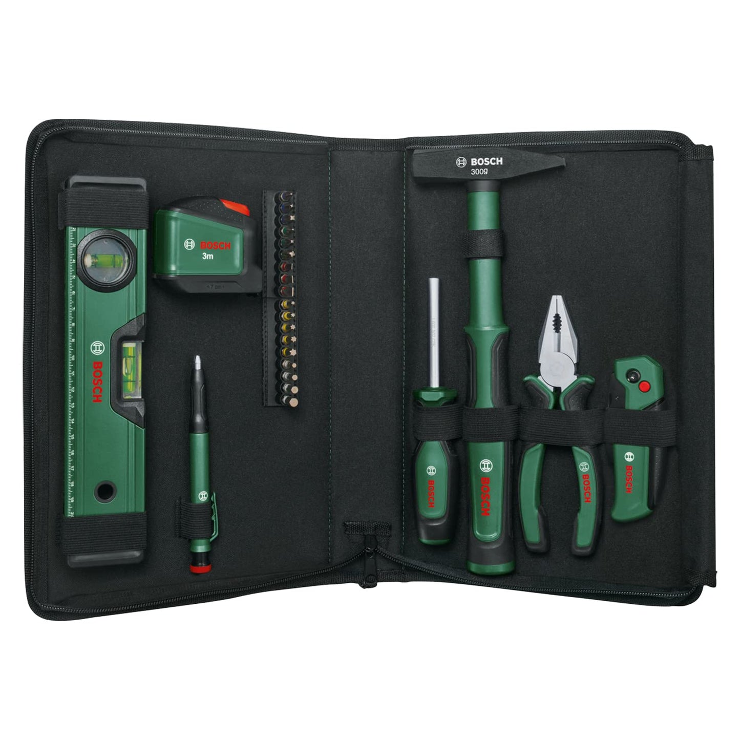 Bosch Set universale di utensili manuali 25 pezzi, versatile kit per usi fai-da-te in ambito domestico, coltello ripiegabile, pinze combinate, metro a nastro, livella a bolla e altro, Edizione Amazon