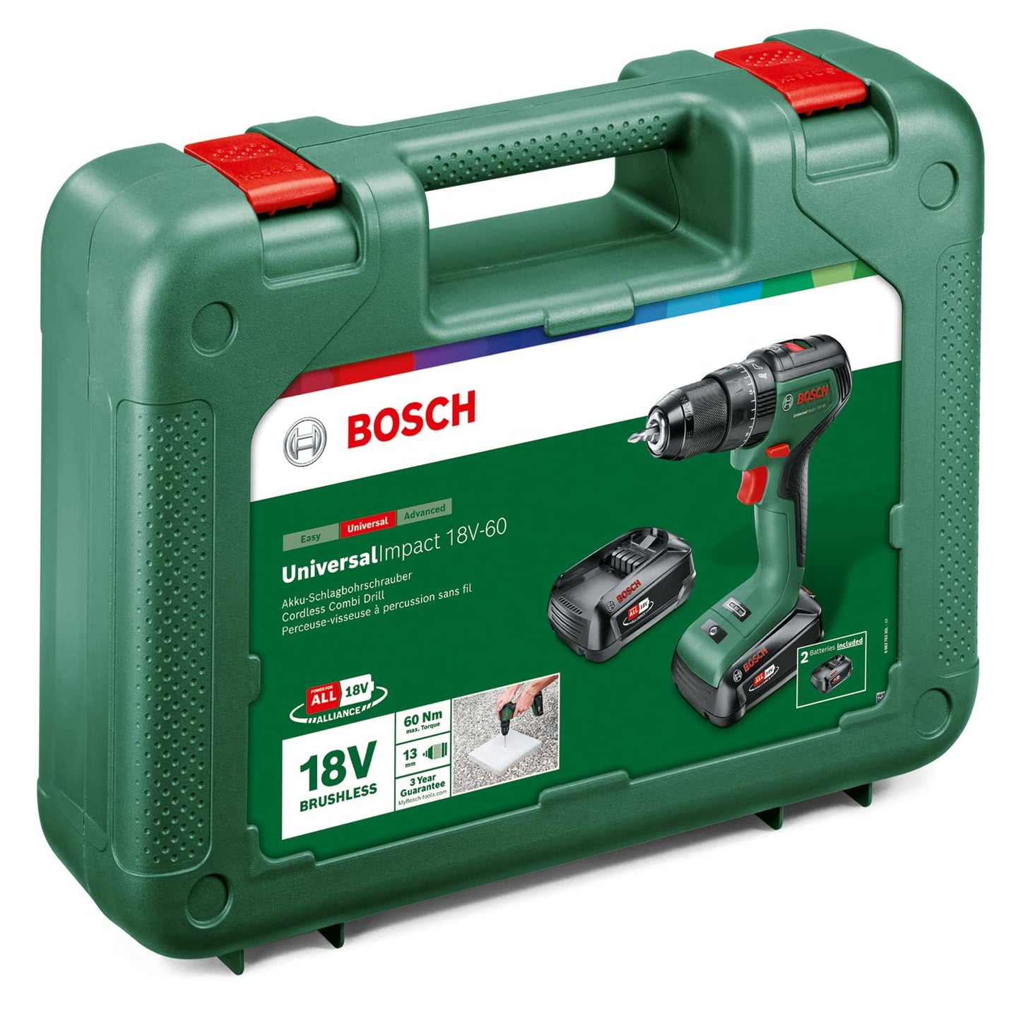 Bosch Trapano con percussione a batteria UniversalImpact 18V-60 (2 batterie da 2,0 Ah, sistema 18 Volt, in valigetta