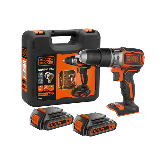 BLACK+DECKER, TRAPANO/AVVITATORE BRUSHLESS A PERCUSSIONE CON DOPPIA BATTERIA 18V LITIO 1.5Ah. 2 BATTERIE 18V - 1.5Ah. BL188KB-QW