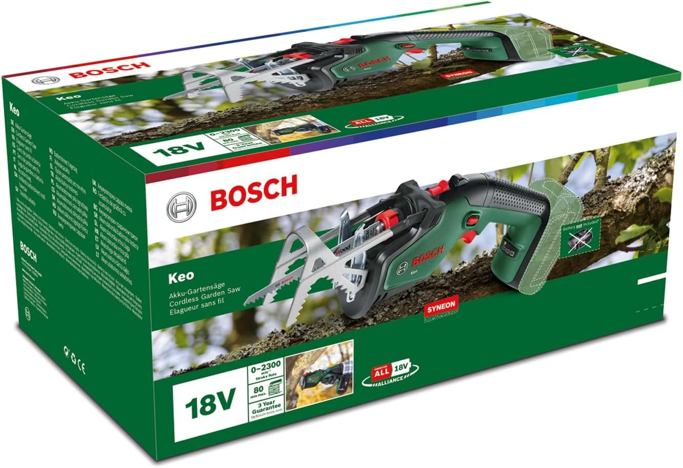 Bosch Home and Garden Sega da giardino a batteria Keo (senza batteria, sistema da 18 Volt, diametro di taglio 80 mm, con lama di precisione svizzera per legno inclusa, in confezione di cartone)